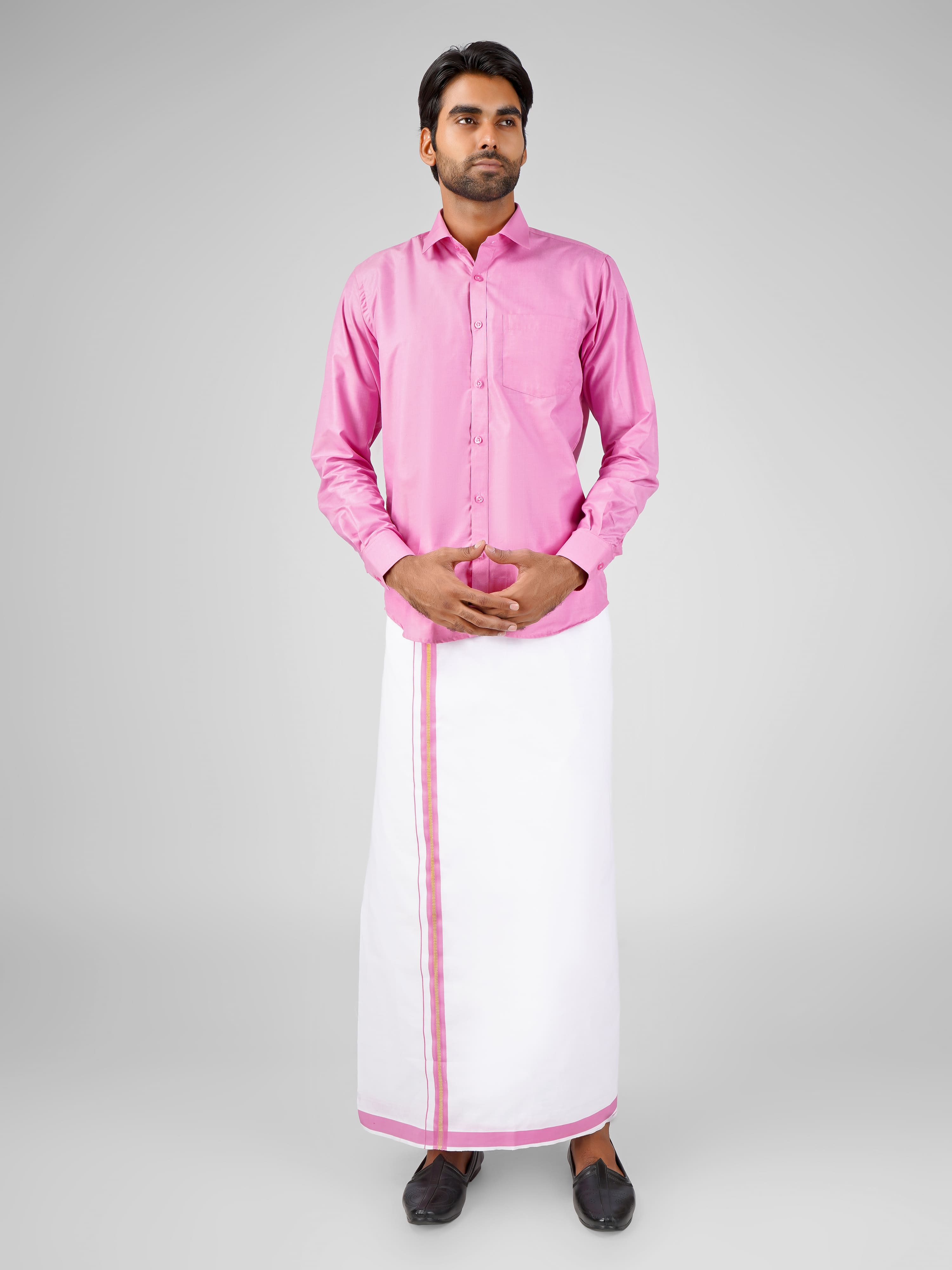 Blended Cotton Pink Shirt Dhoti Set - Azhaganshirts