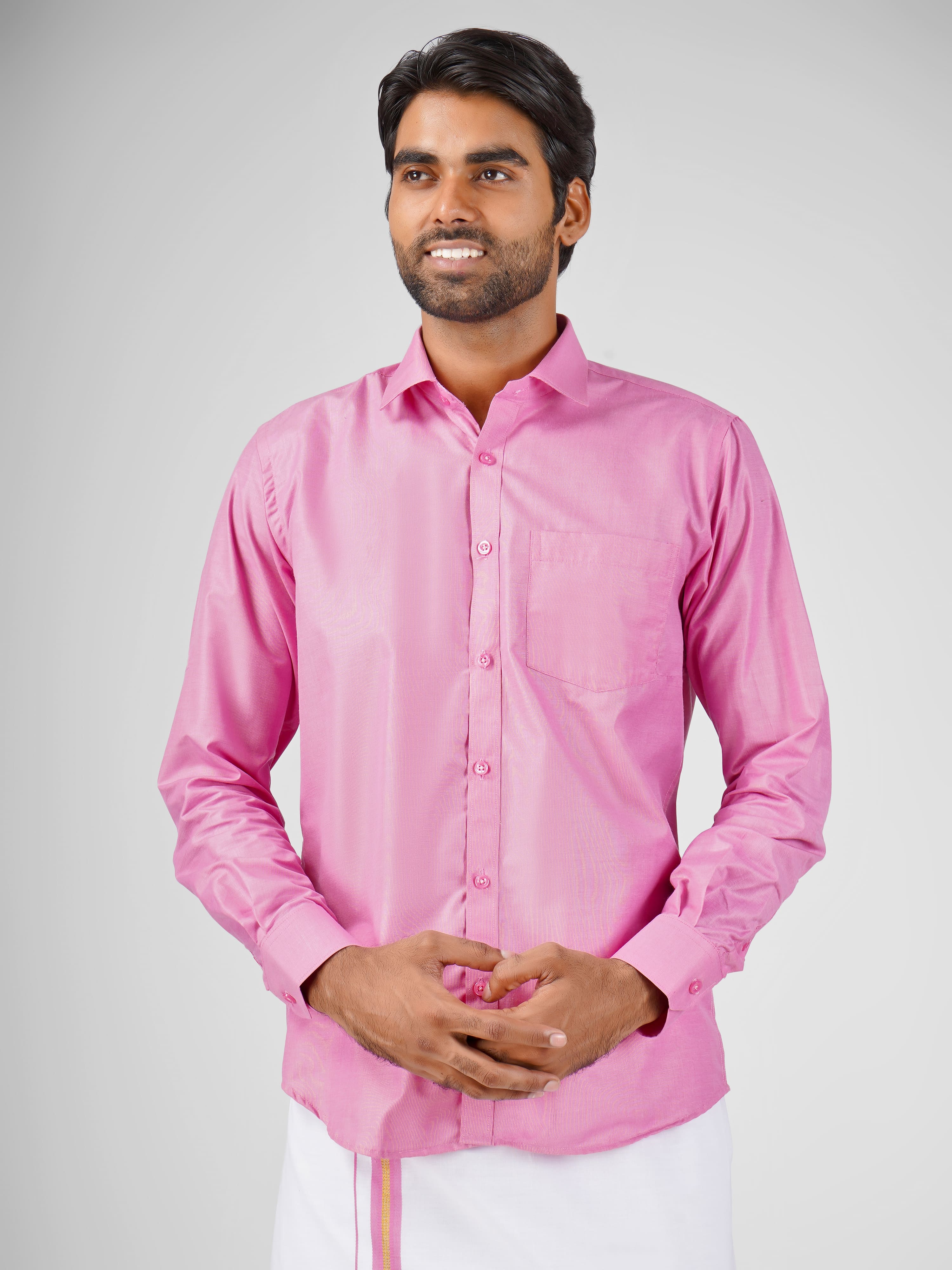 Blended Cotton Pink Shirt Dhoti Set - Azhaganshirts