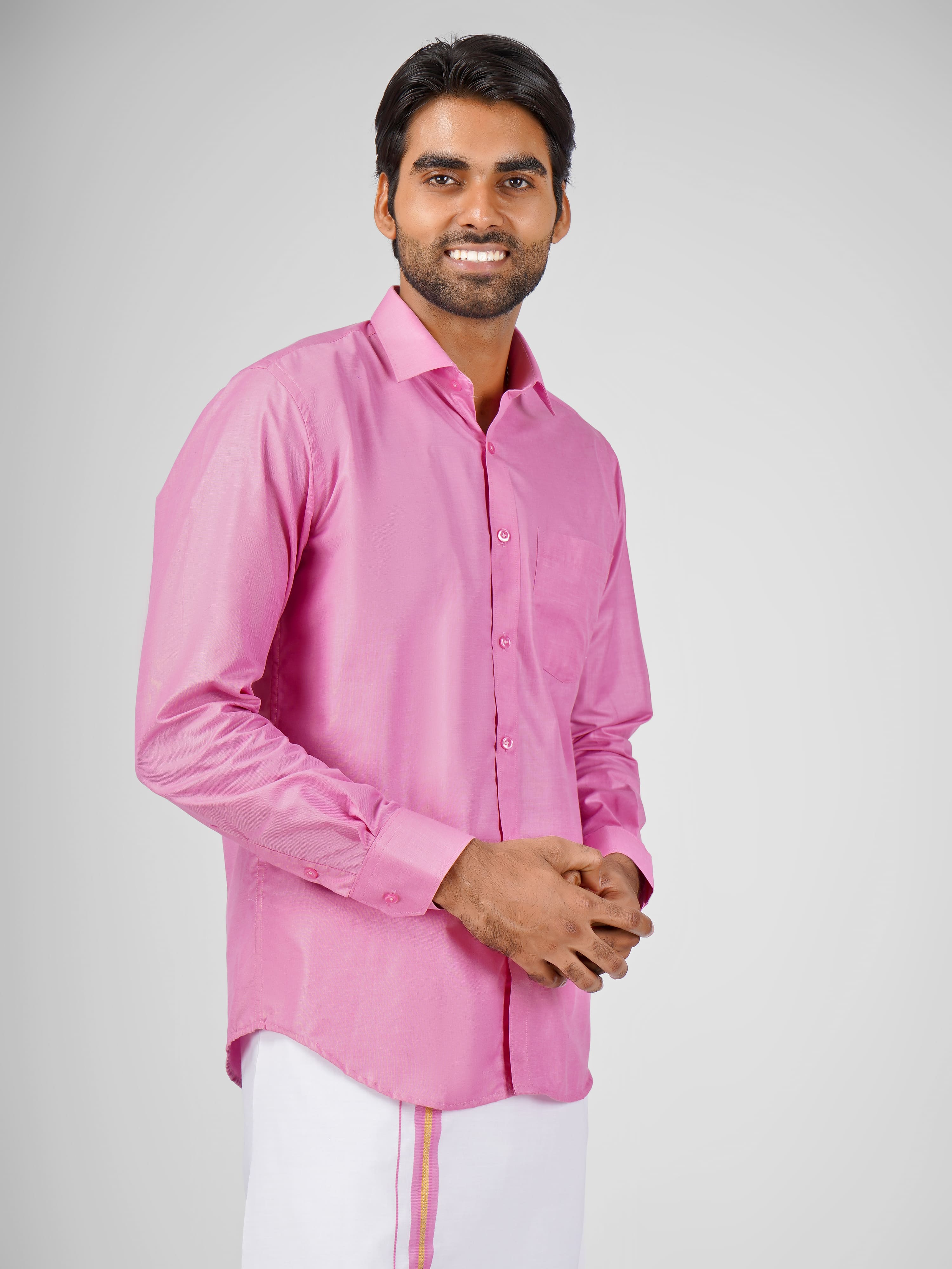 Blended Cotton Pink Shirt Dhoti Set - Azhaganshirts