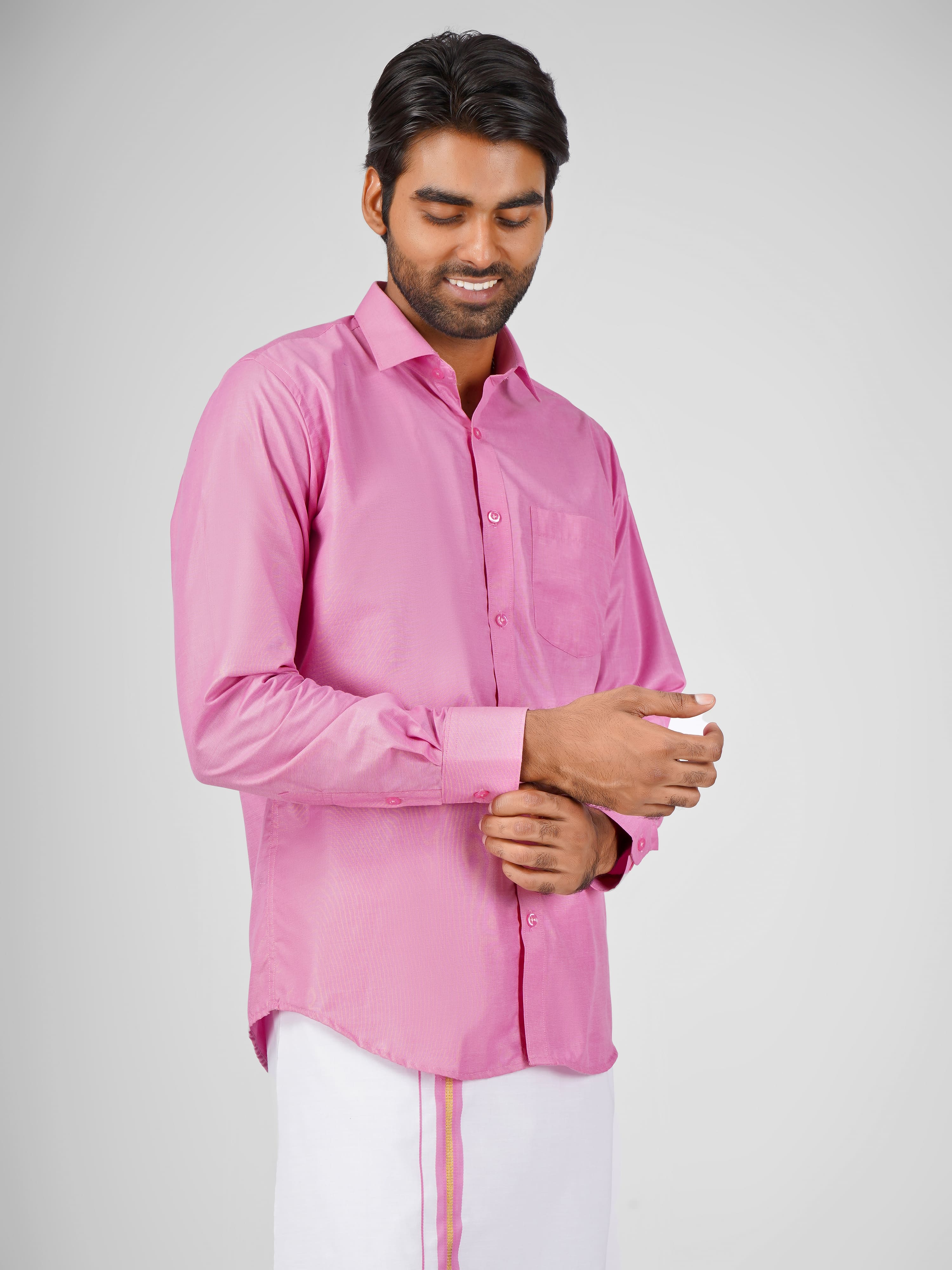 Blended Cotton Pink Shirt Dhoti Set - Azhaganshirts