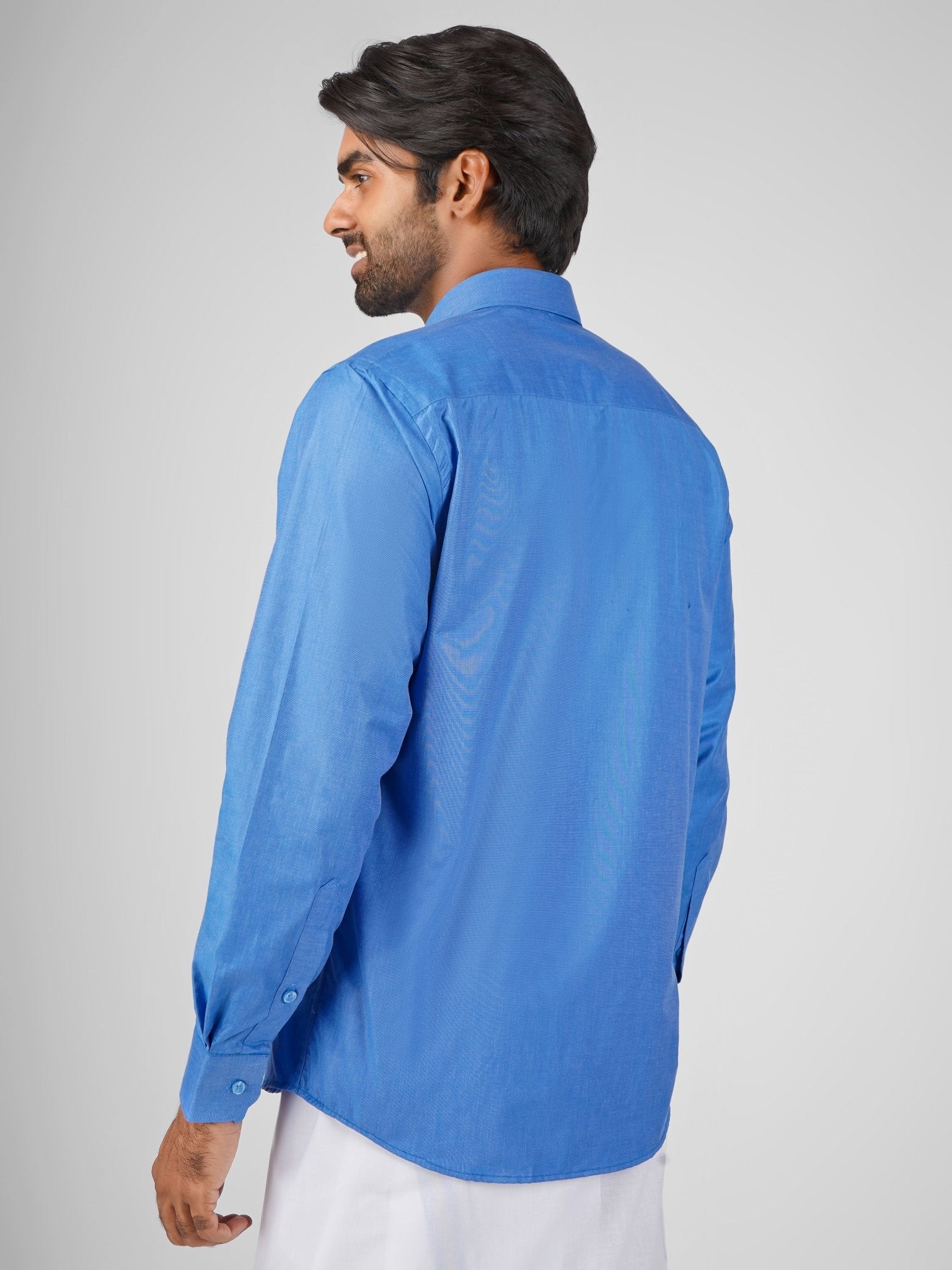 Oxford Cotton Blue Shirt Dhoti Set - Azhaganshirts