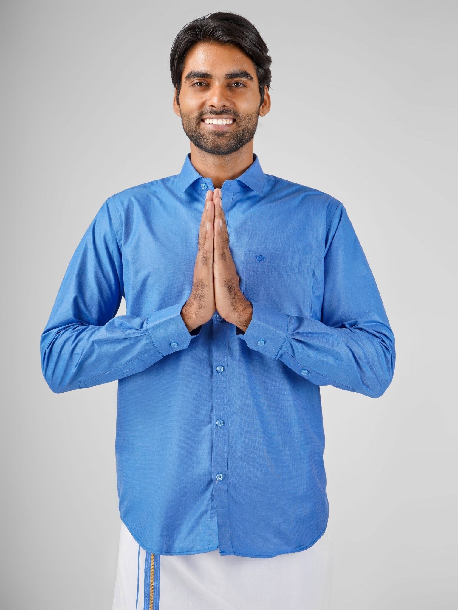 Oxford Cotton Blue Shirt Dhoti Set - Azhaganshirts