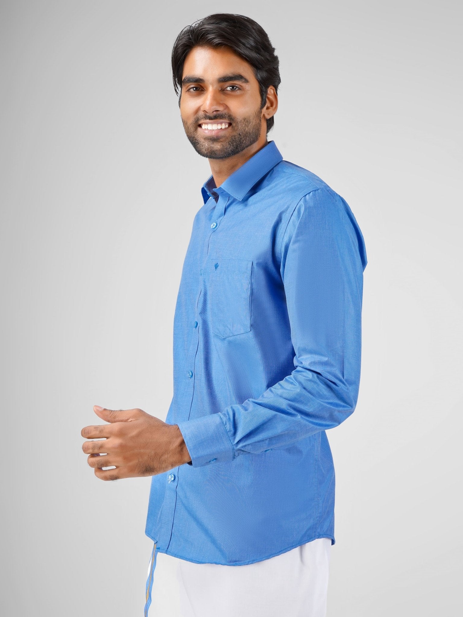 Oxford Cotton Blue Shirt Dhoti Set - Azhaganshirts