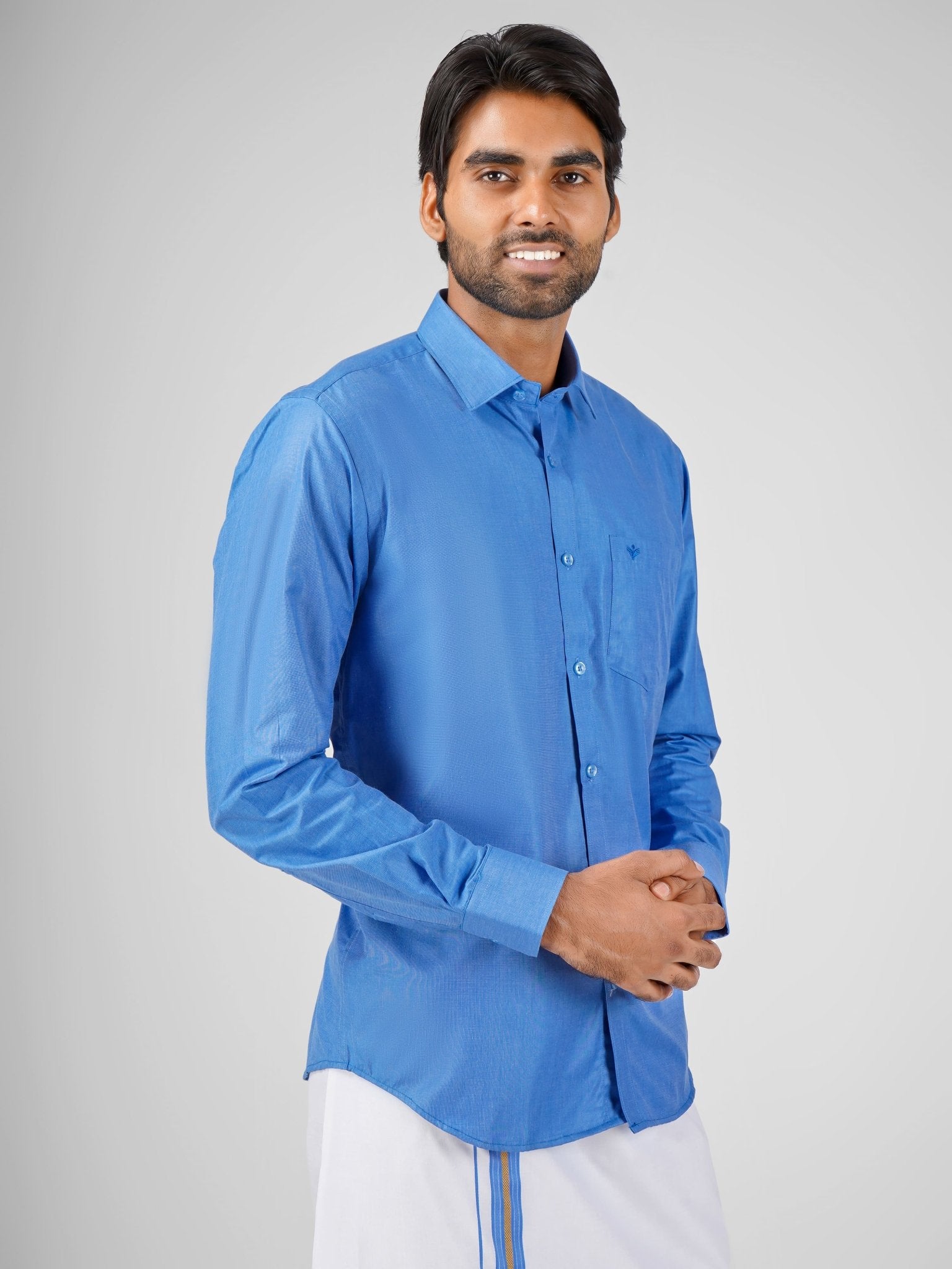 Oxford Cotton Blue Shirt Dhoti Set - Azhaganshirts