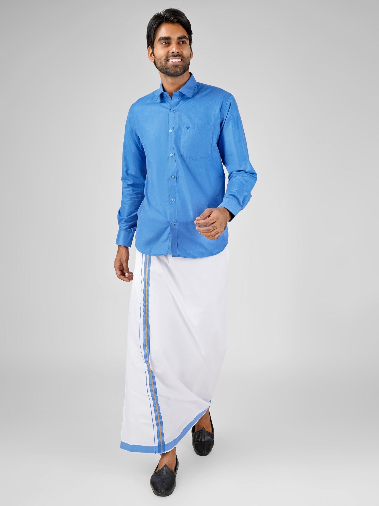 Oxford Cotton Blue Shirt Dhoti Set - Azhaganshirts