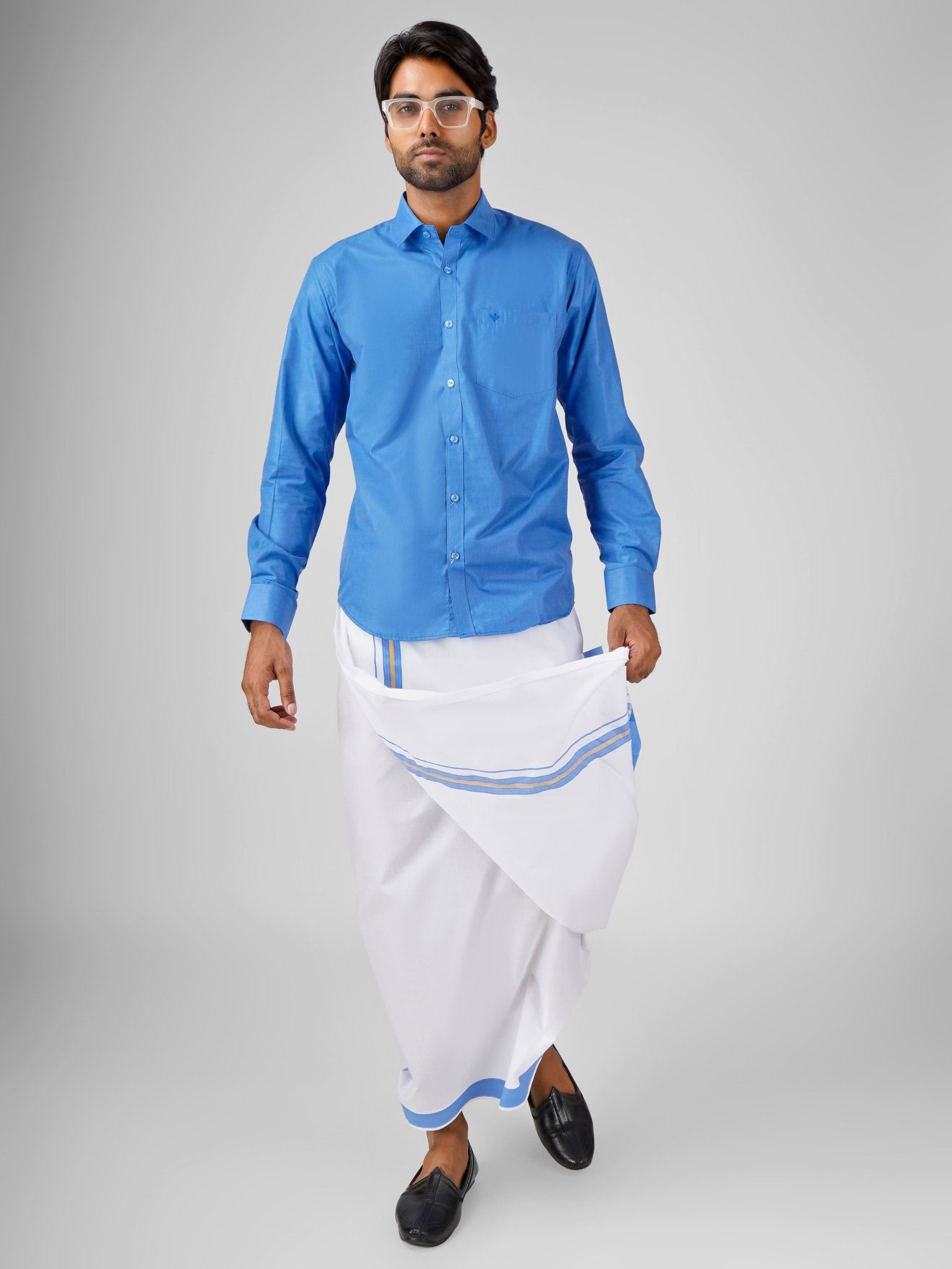 Oxford Cotton Blue Shirt Dhoti Set - Azhaganshirts