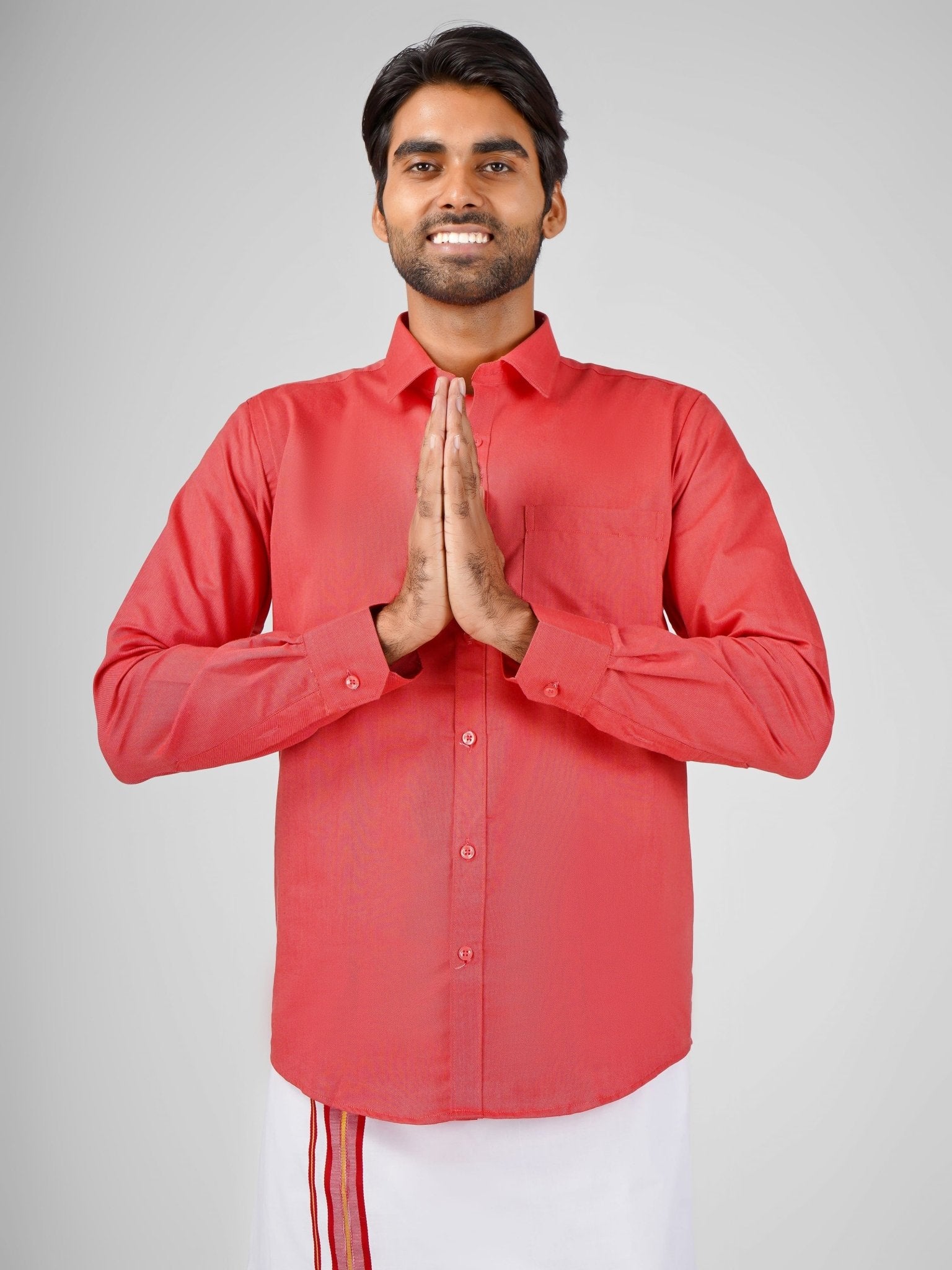 Oxford Cotton Red Shirt Dhoti Set - Azhaganshirts