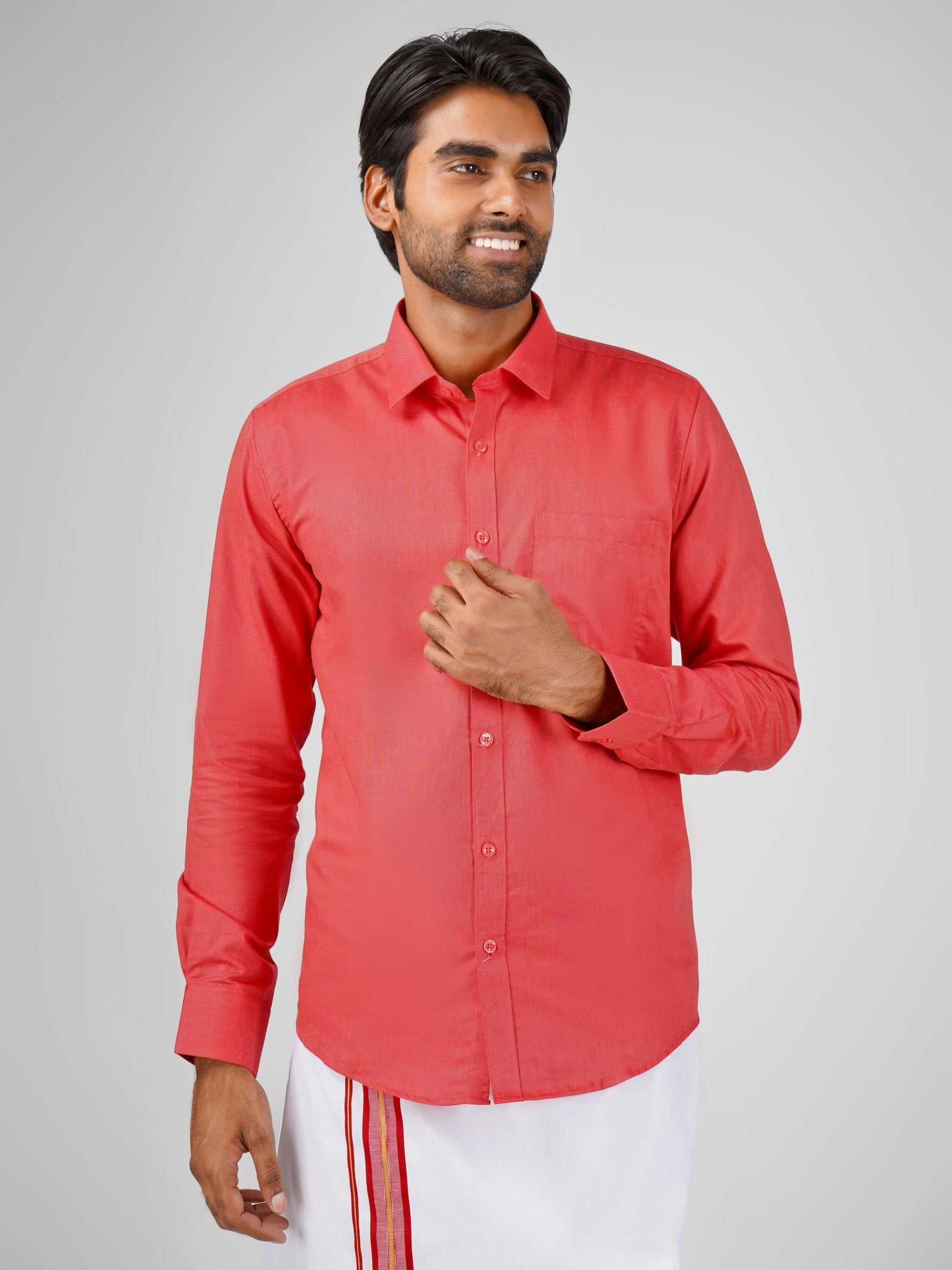 Oxford Cotton Red Shirt Dhoti Set - Azhaganshirts