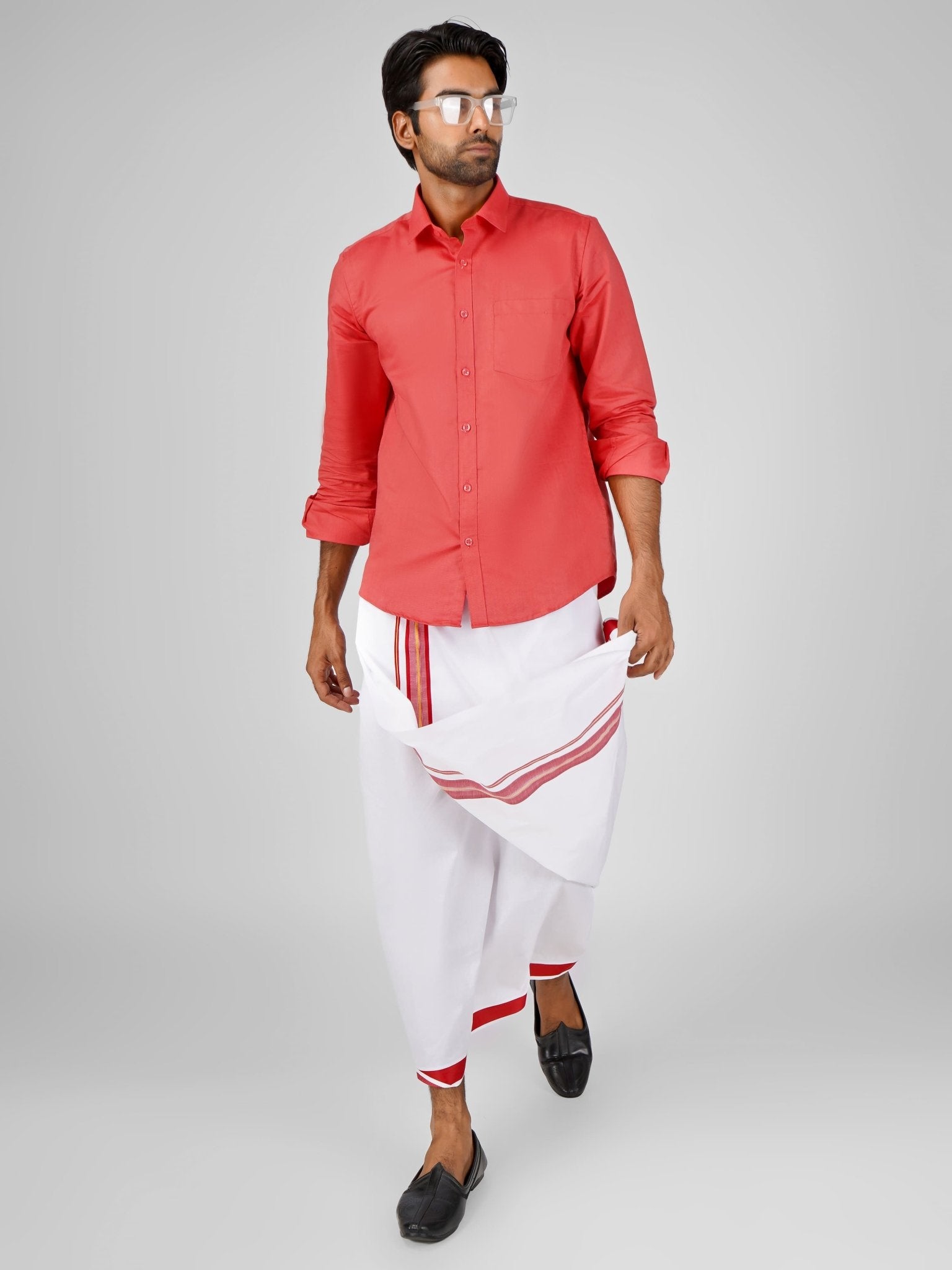 Blended Cotton Cheery Red Shirt Dhoti Set - Azhaganshirts