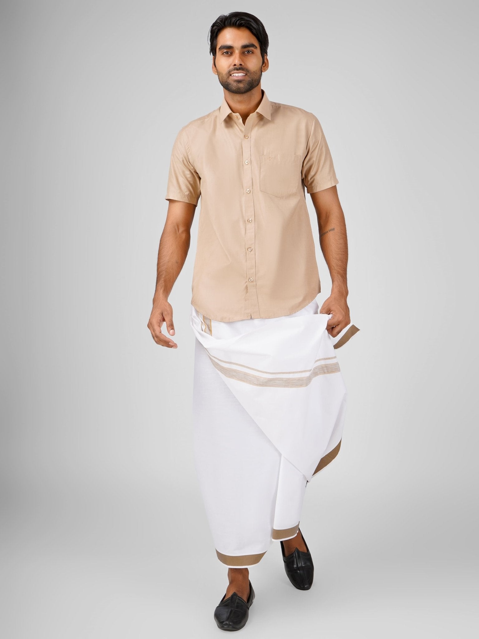 Oxford Cotton Tan Brown Shirt Dhoti Set - Azhaganshirts