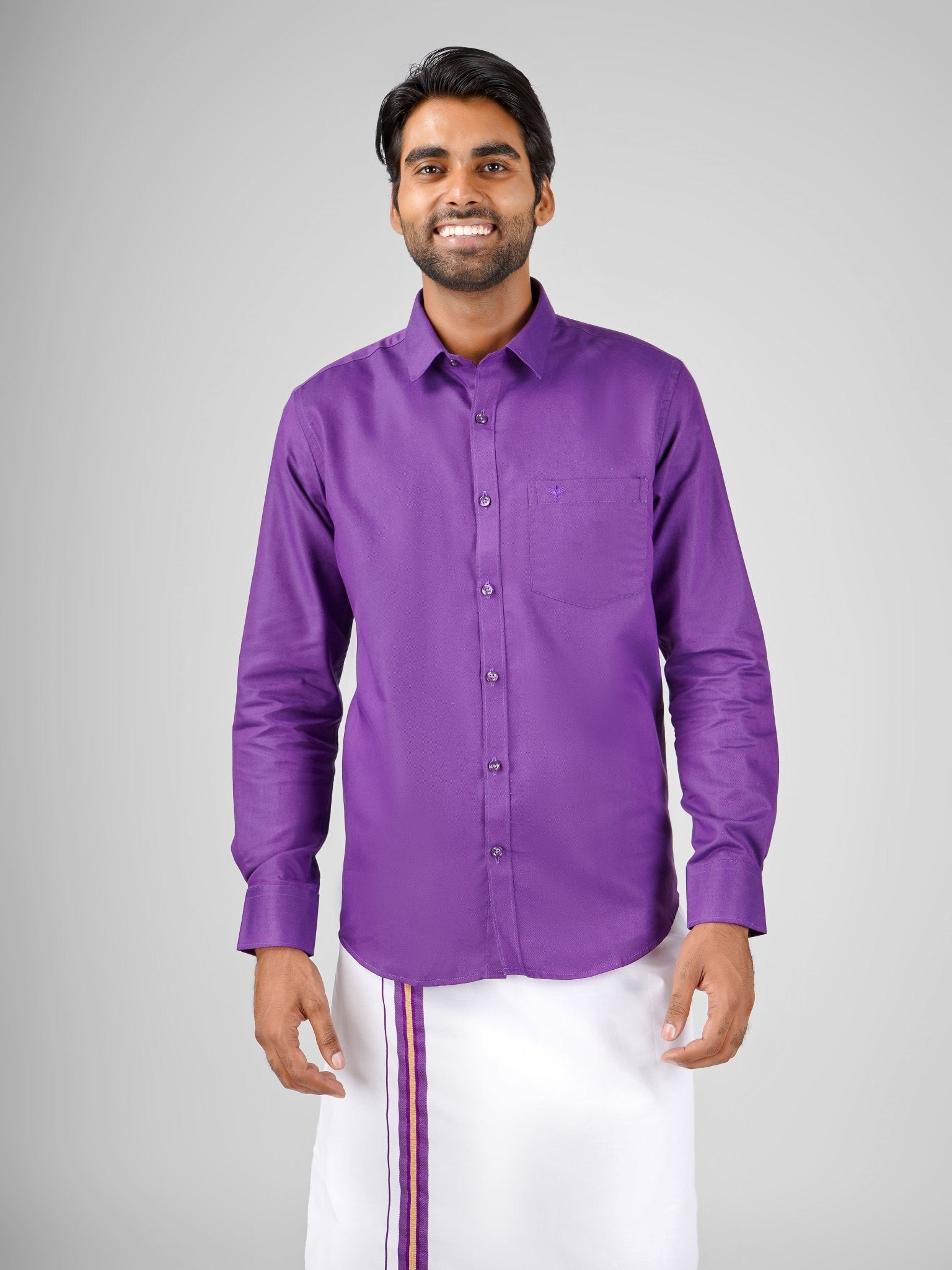 Groom's violet cotton shirt and dhoti set for wedding