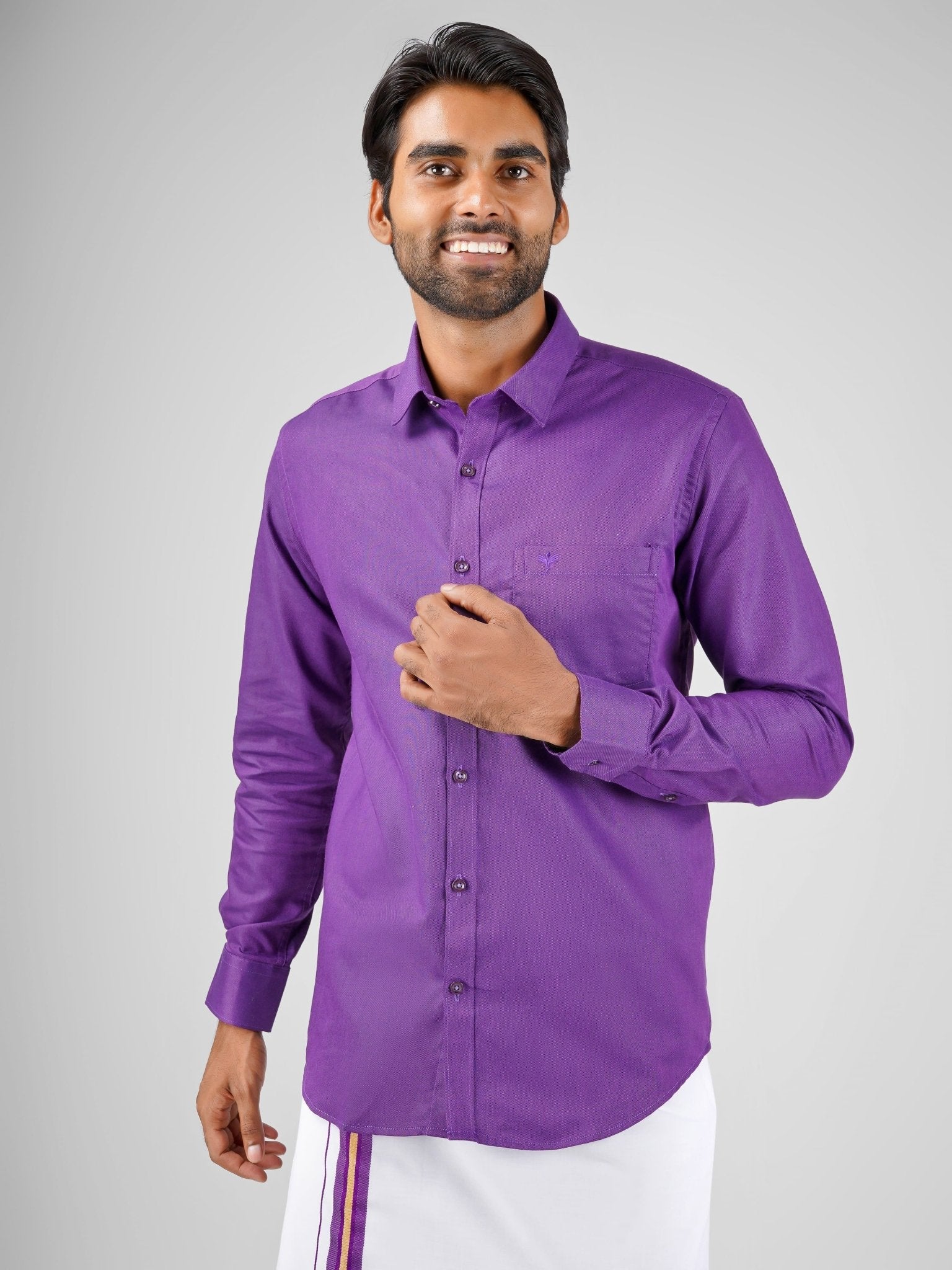 Groom's violet cotton shirt and dhoti set for wedding