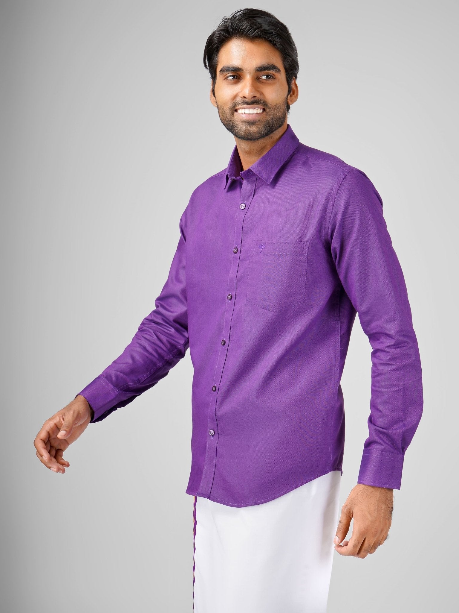Groom's violet cotton shirt and dhoti set for wedding