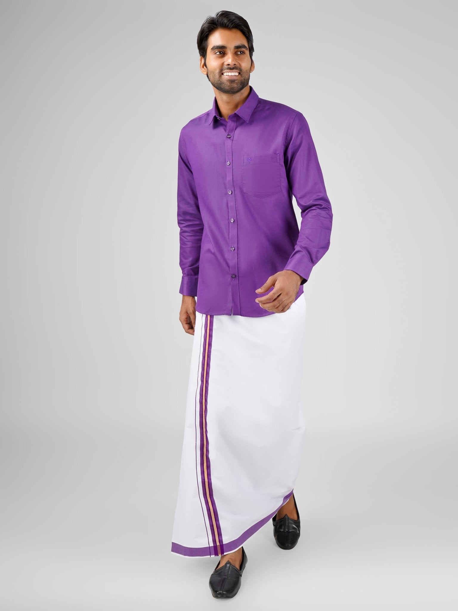 Groom's violet cotton shirt and dhoti set for wedding