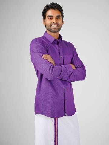  Wedding and Muhurtham Dhoti Sets for Groom violet cotton shirt and dhoti set for wedding