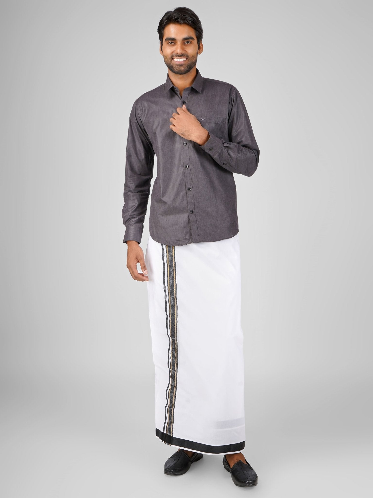 Men's light black cotton dhoti set for reception