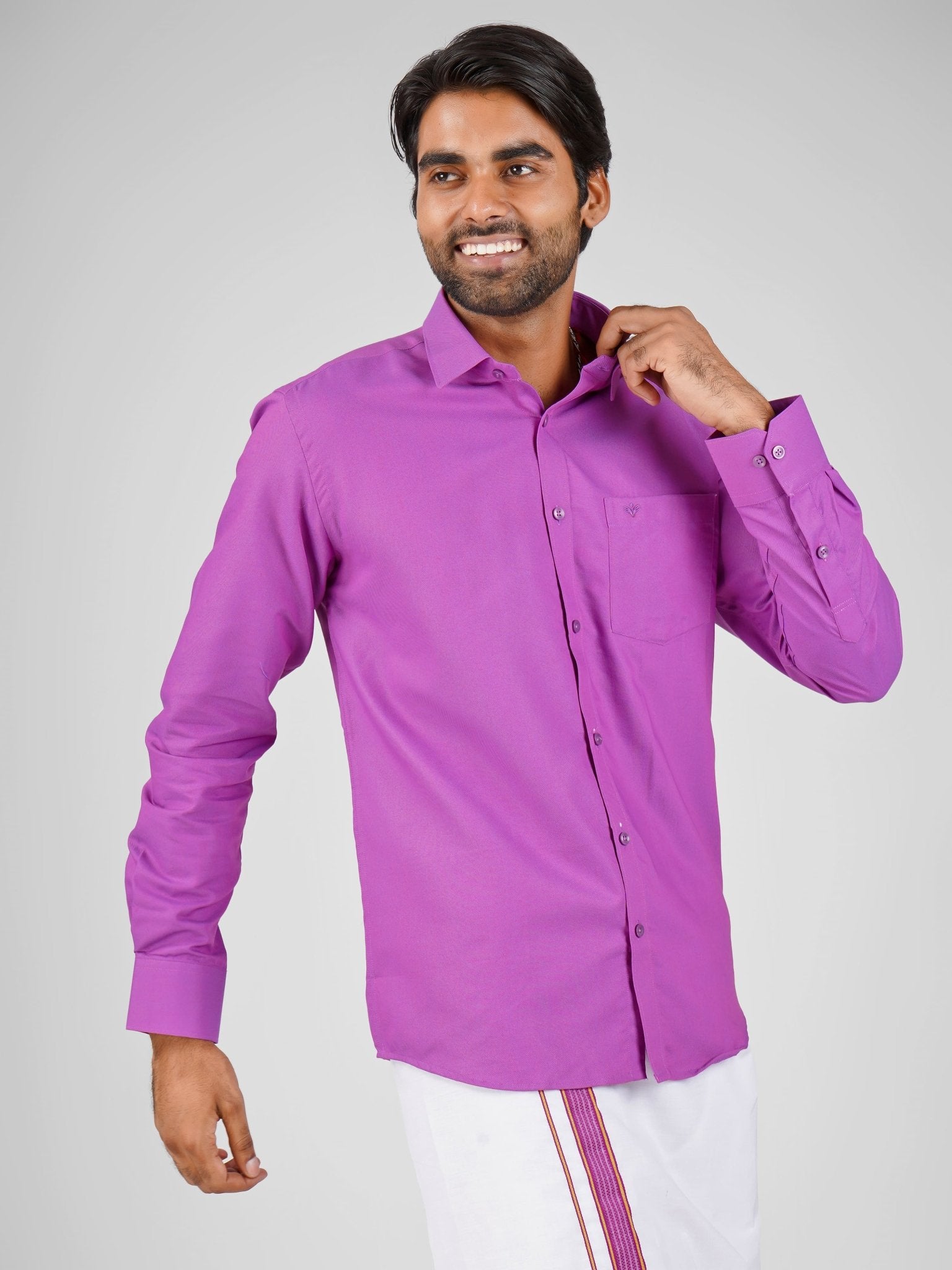 Men's purple cotton dhoti set for reception
