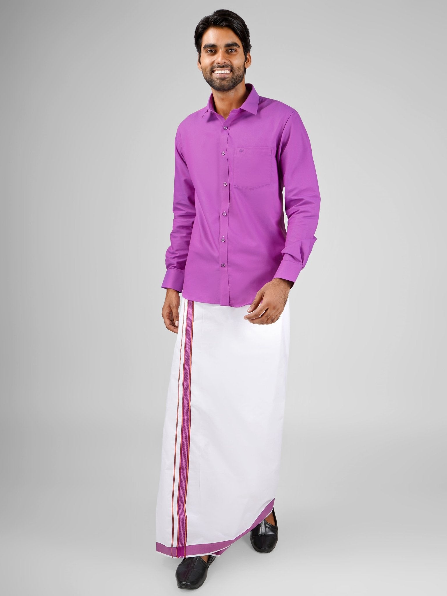 Men's purple cotton dhoti set for reception