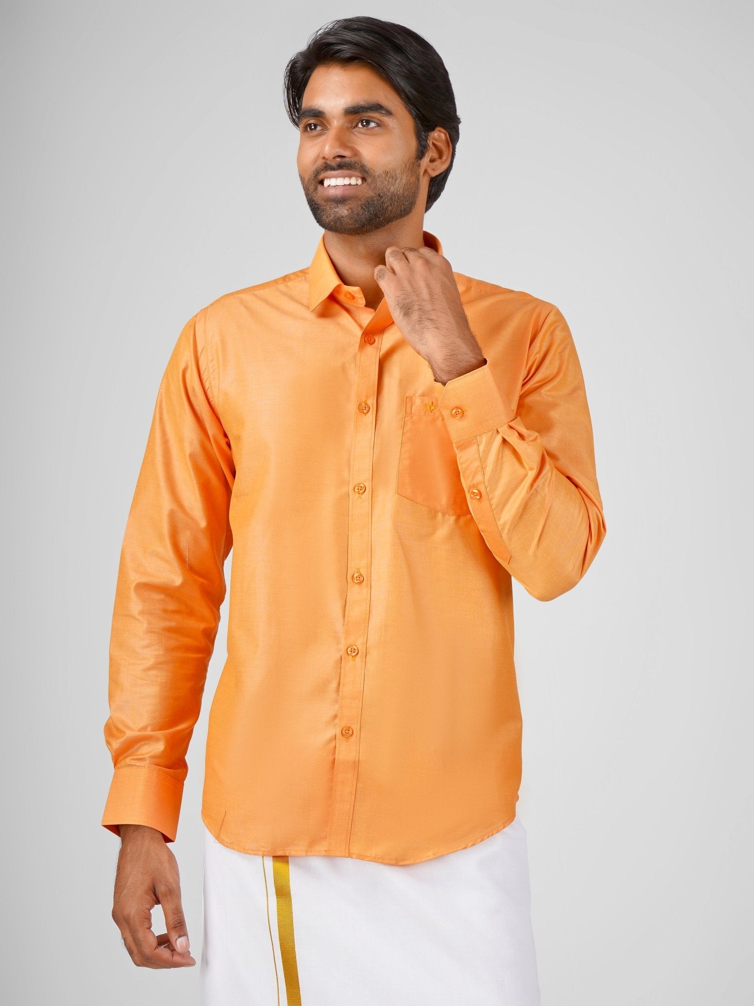 Blended Cotton Light Orange Shirt Dhoti Set - Azhaganshirts