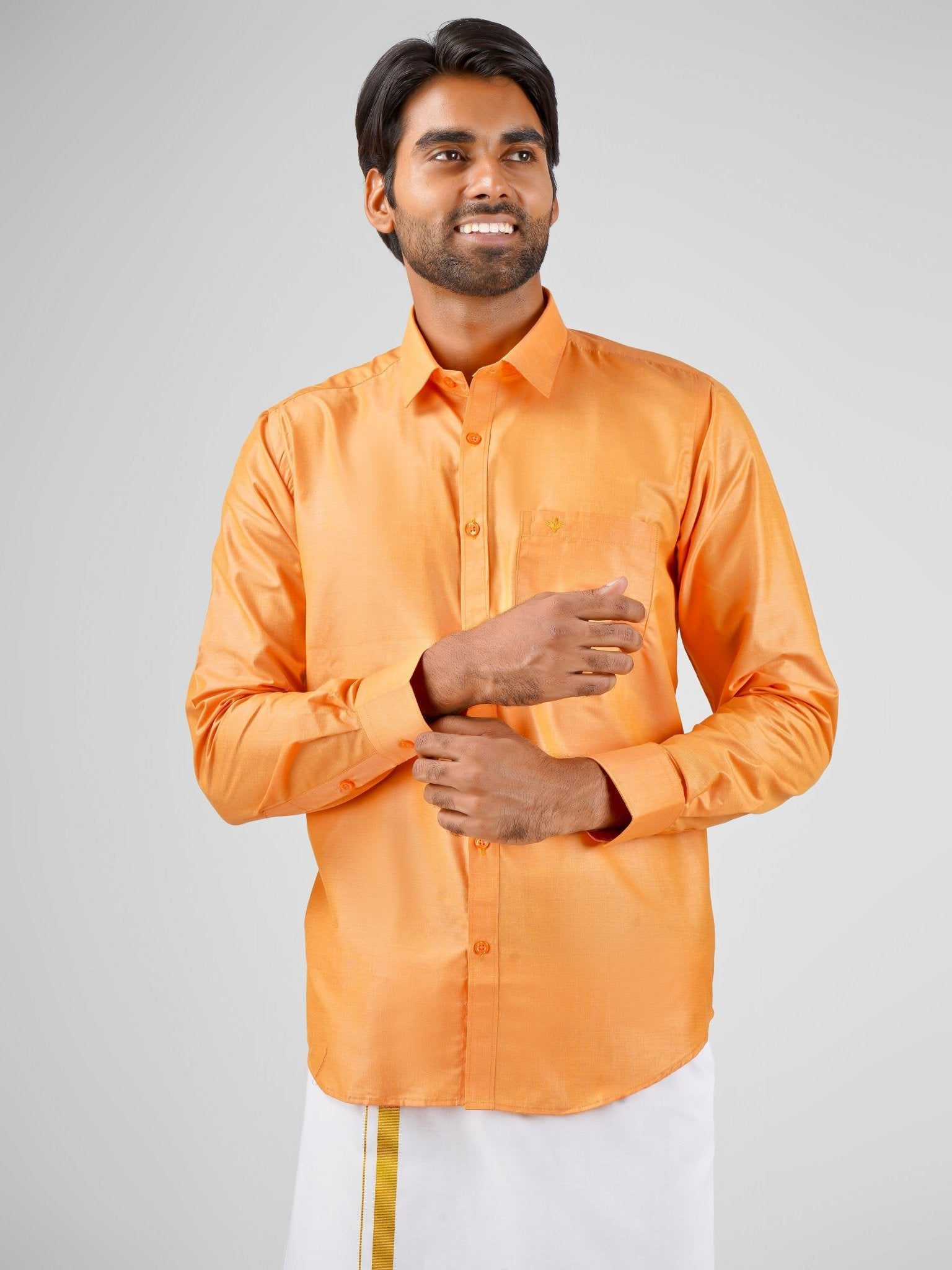 Blended Cotton Light Orange Shirt Dhoti Set - Azhaganshirts