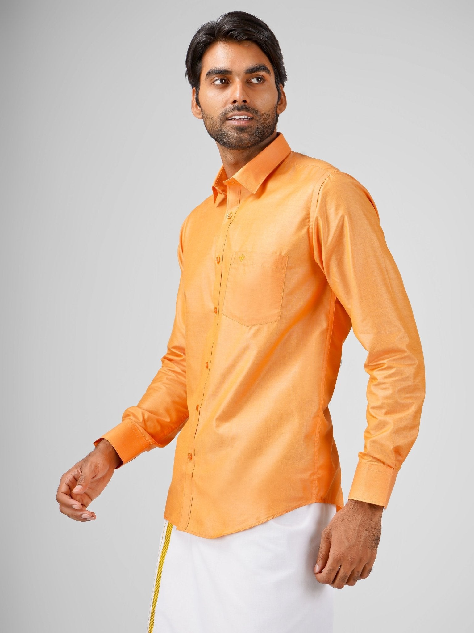 Blended Cotton Light Orange Shirt Dhoti Set - Azhaganshirts