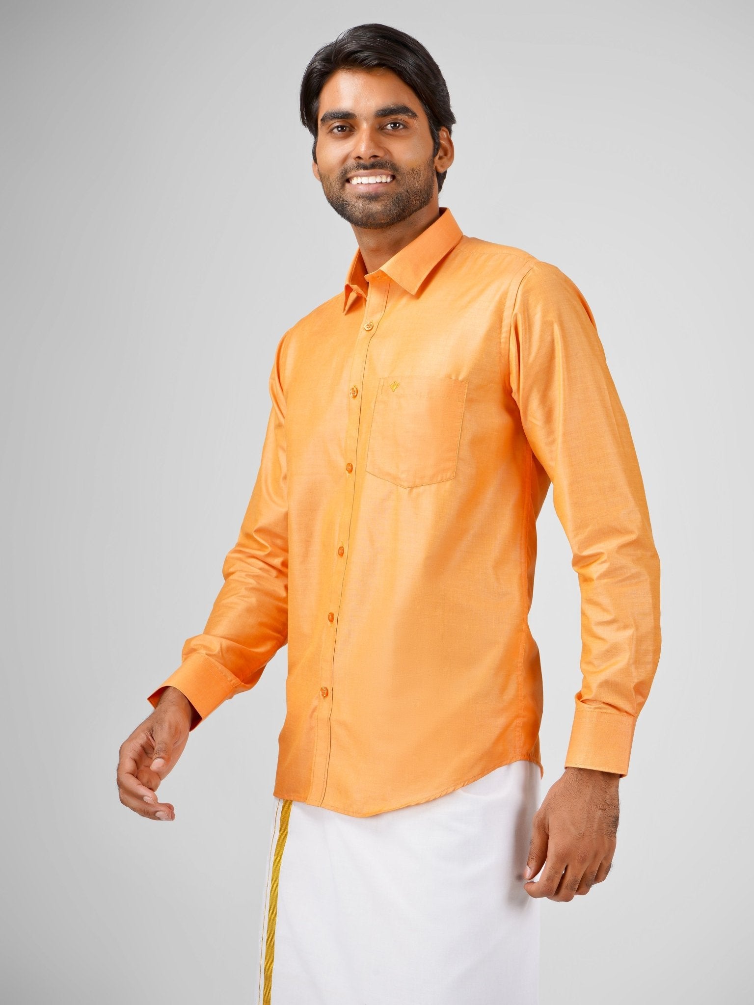 Blended Cotton Light Orange Shirt Dhoti Set - Azhaganshirts