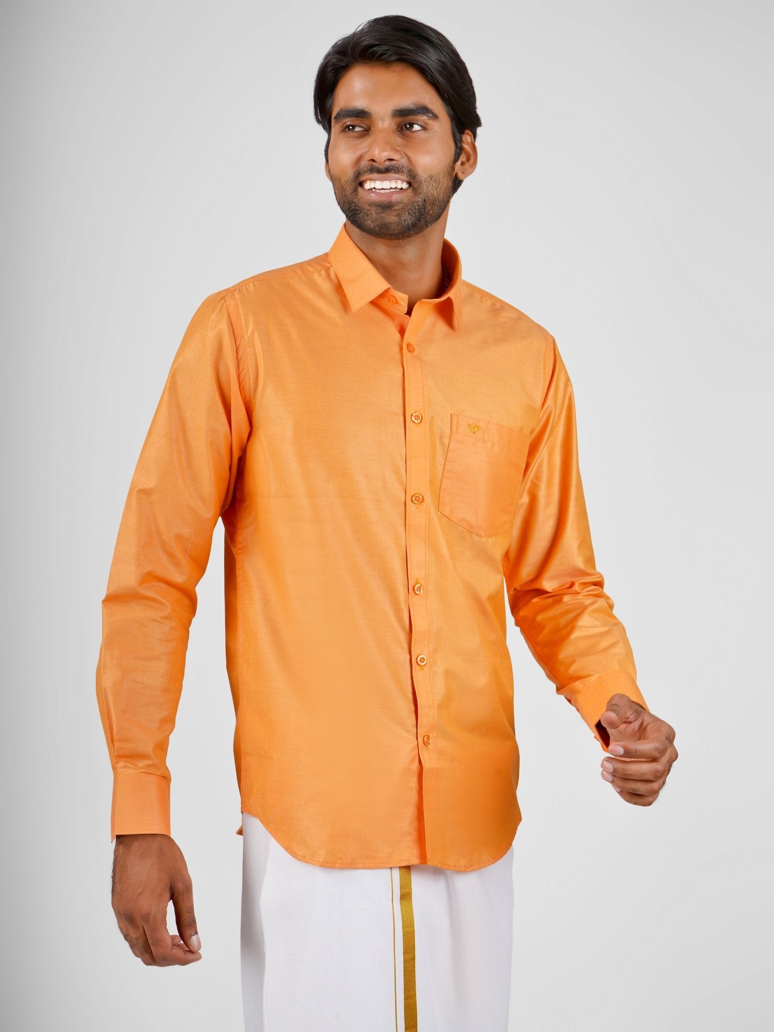 Blended Cotton Light Orange Shirt Dhoti Set - Azhaganshirts
