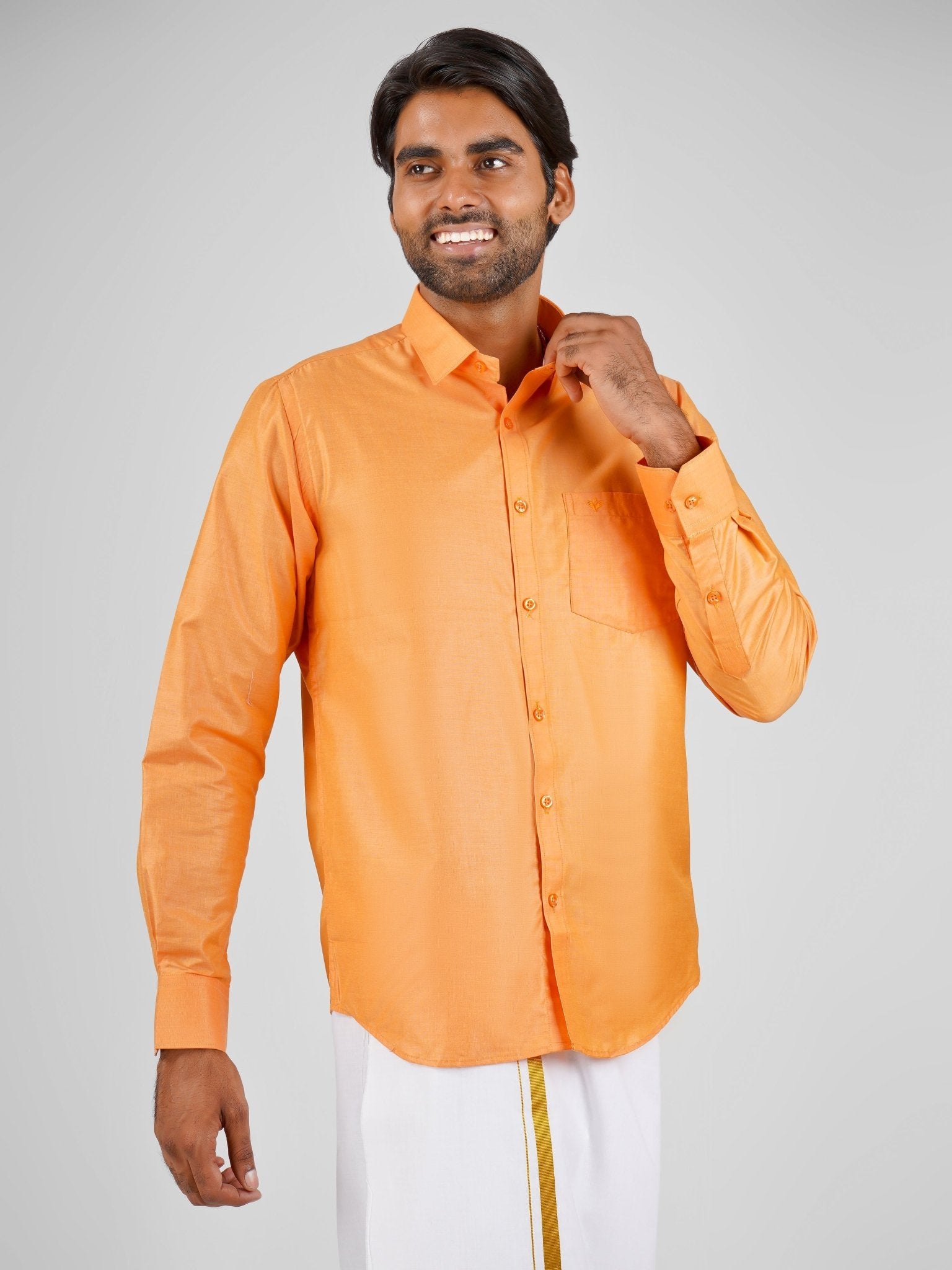 Blended Cotton Light Orange Shirt Dhoti Set - Azhaganshirts