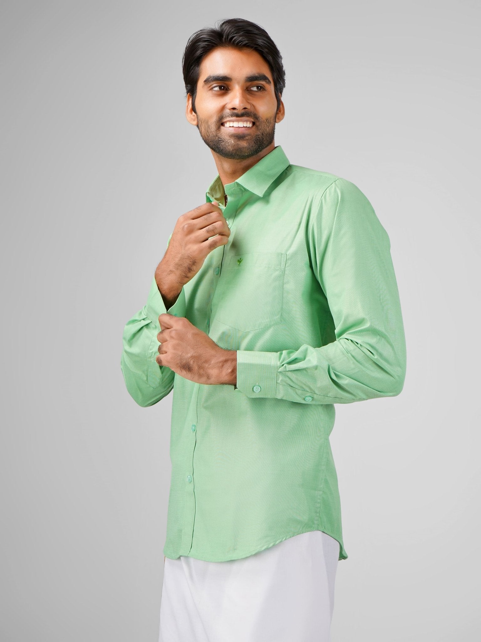 Blended Cotton Pista Green Shirt Dhoti Set - Azhaganshirts