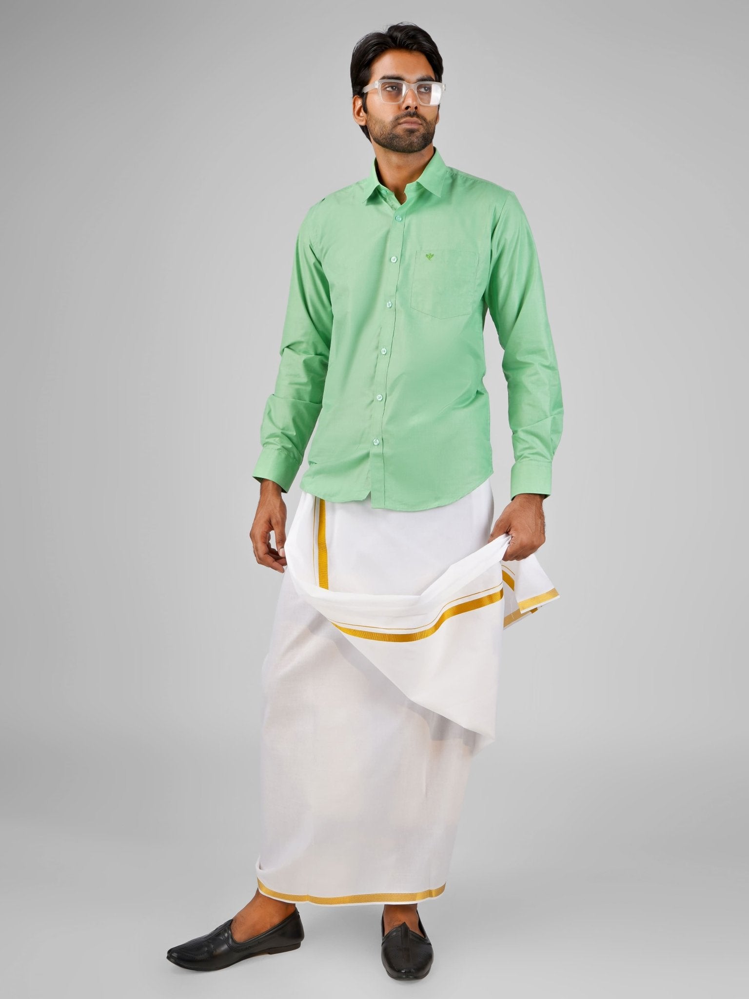 Blended Cotton Pista Green Shirt Dhoti Set - Azhaganshirts
