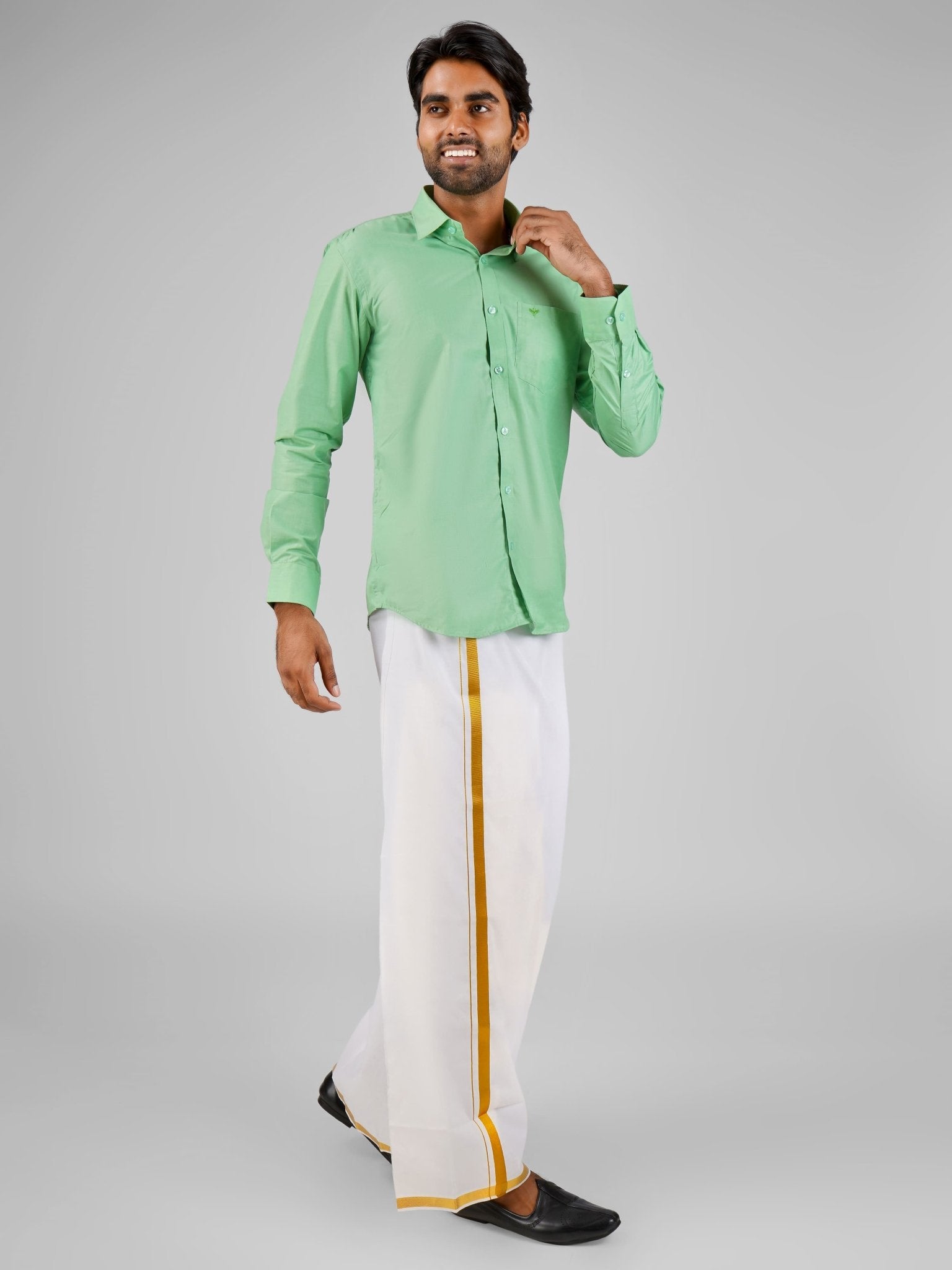 Blended Cotton Pista Green Shirt Dhoti Set - Azhaganshirts