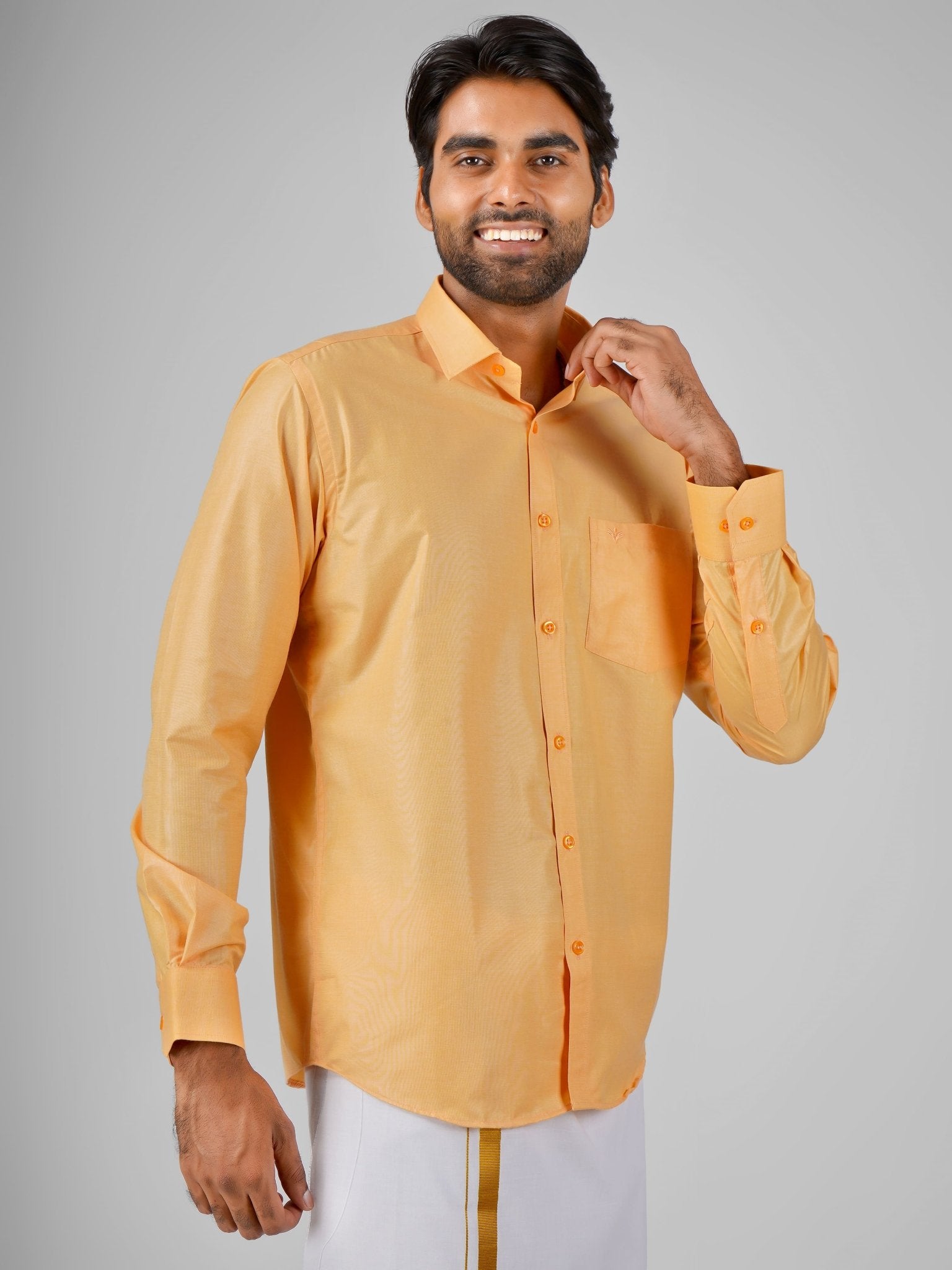 Blended Cotton Orange Shirt Dhoti Set - Azhaganshirts