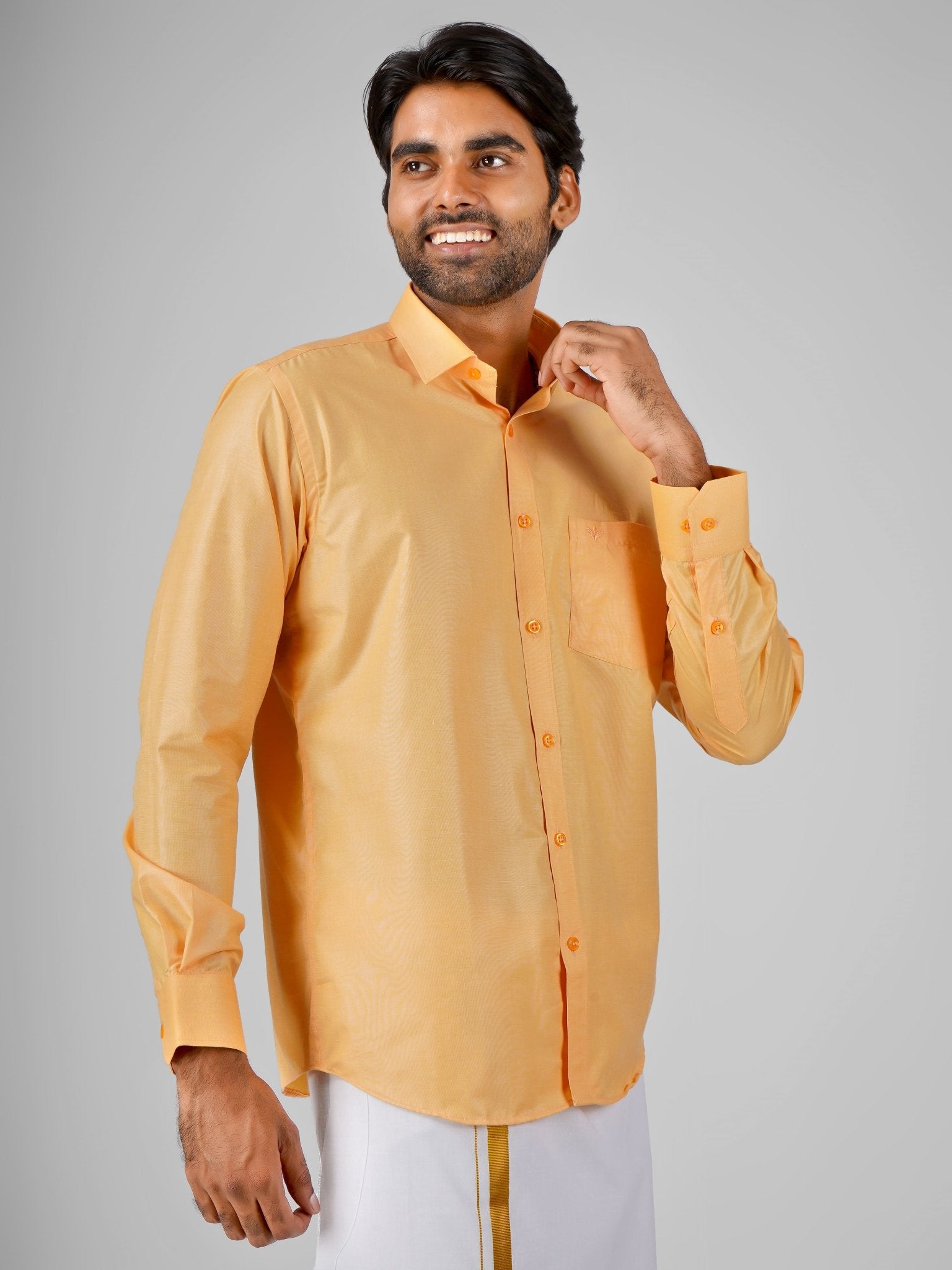 Blended Cotton Orange Shirt Dhoti Set - Azhaganshirts