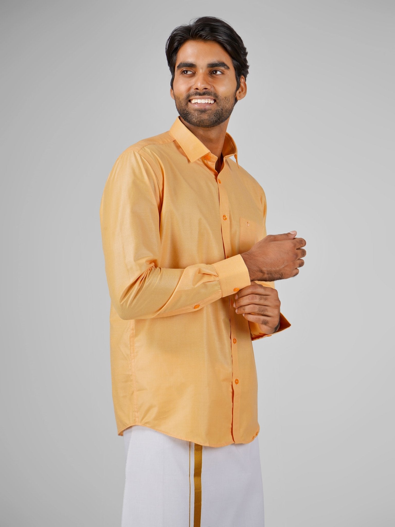 Blended Cotton Orange Shirt Dhoti Set - Azhaganshirts