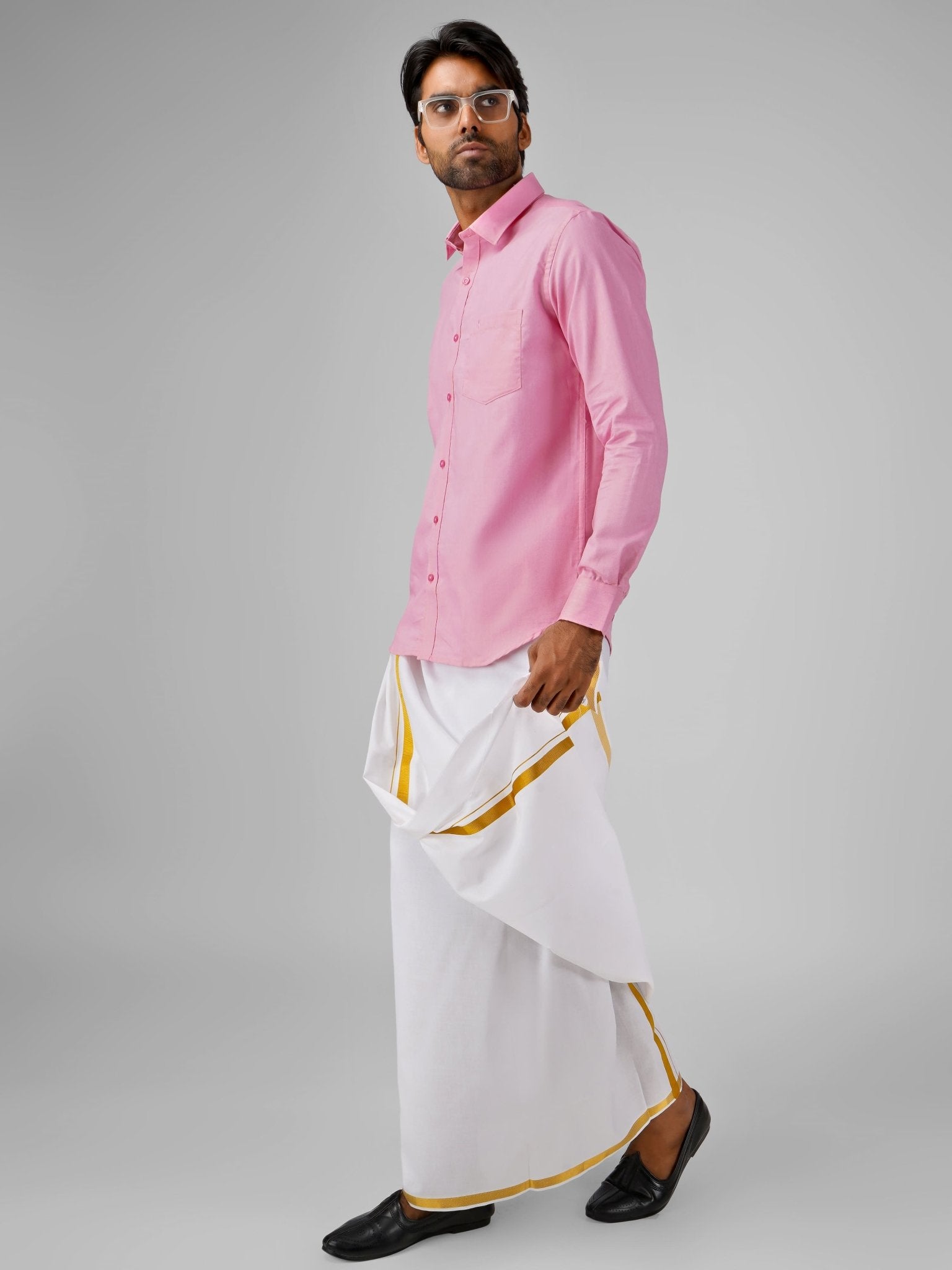 Blended Cotton Pink Shirt Dhoti Set - Azhaganshirts