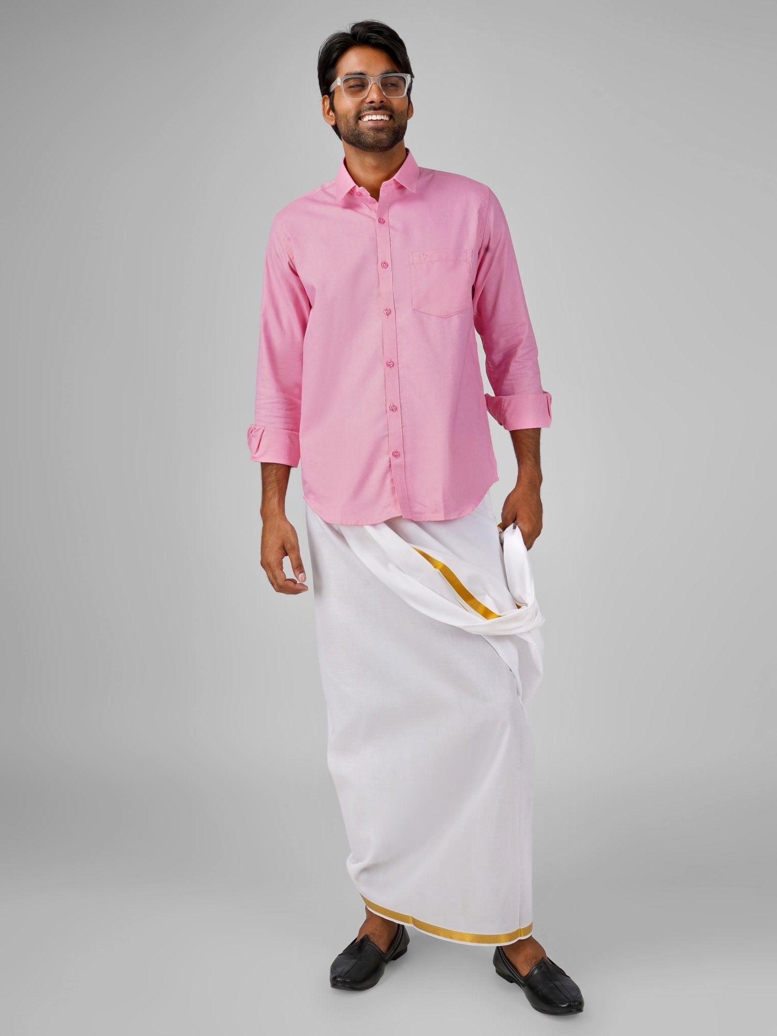 Blended Cotton Pink Shirt Dhoti Set - Azhaganshirts