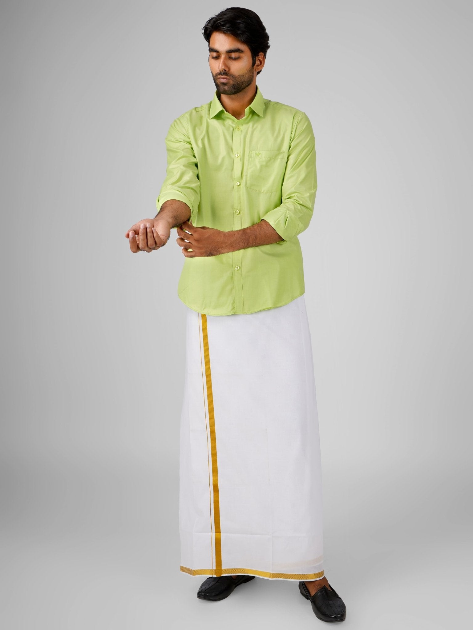 Blended Cotton Light Green Shirt Dhoti Set - Azhaganshirts