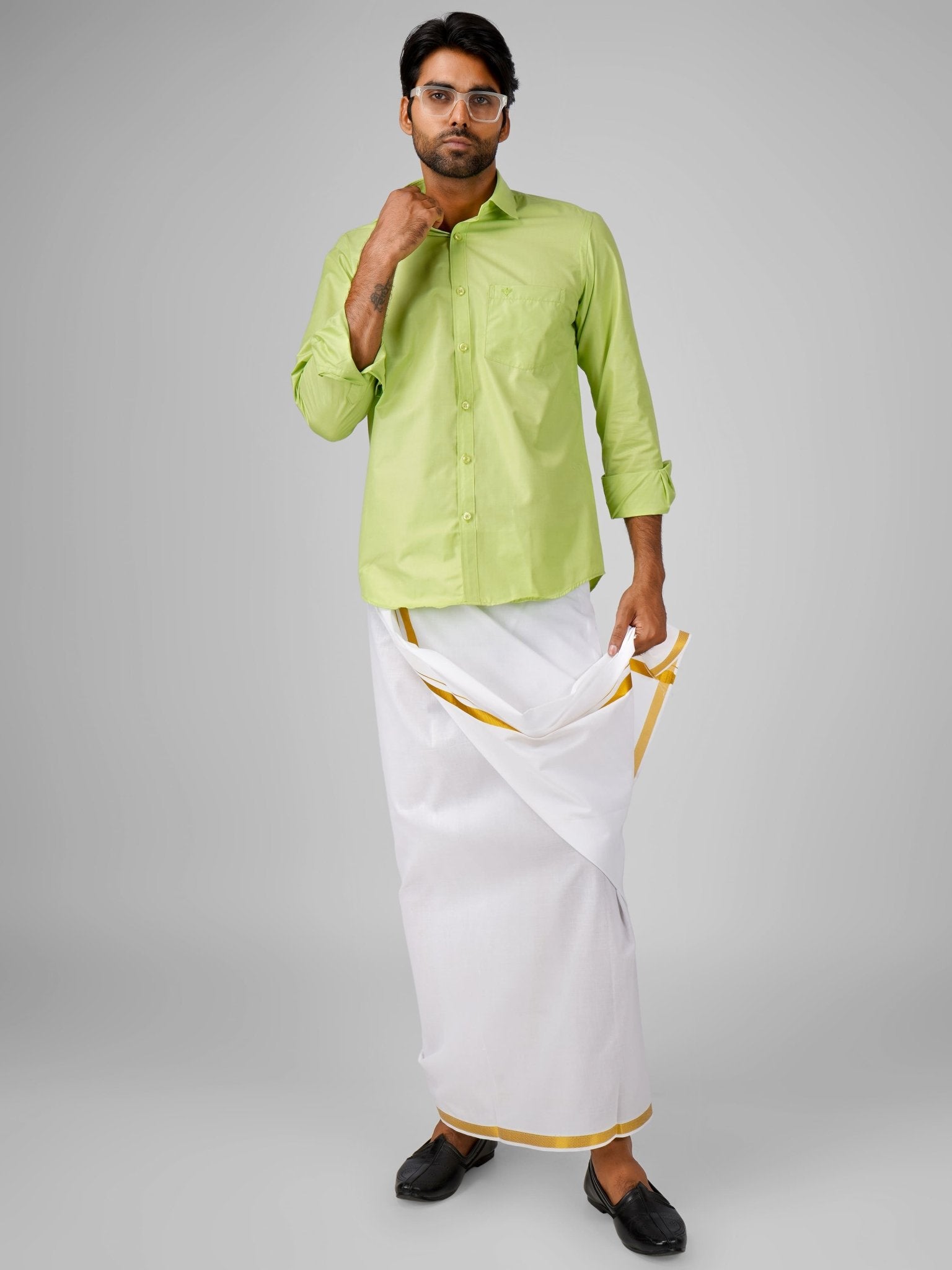 Blended Cotton Light Green Shirt Dhoti Set - Azhaganshirts