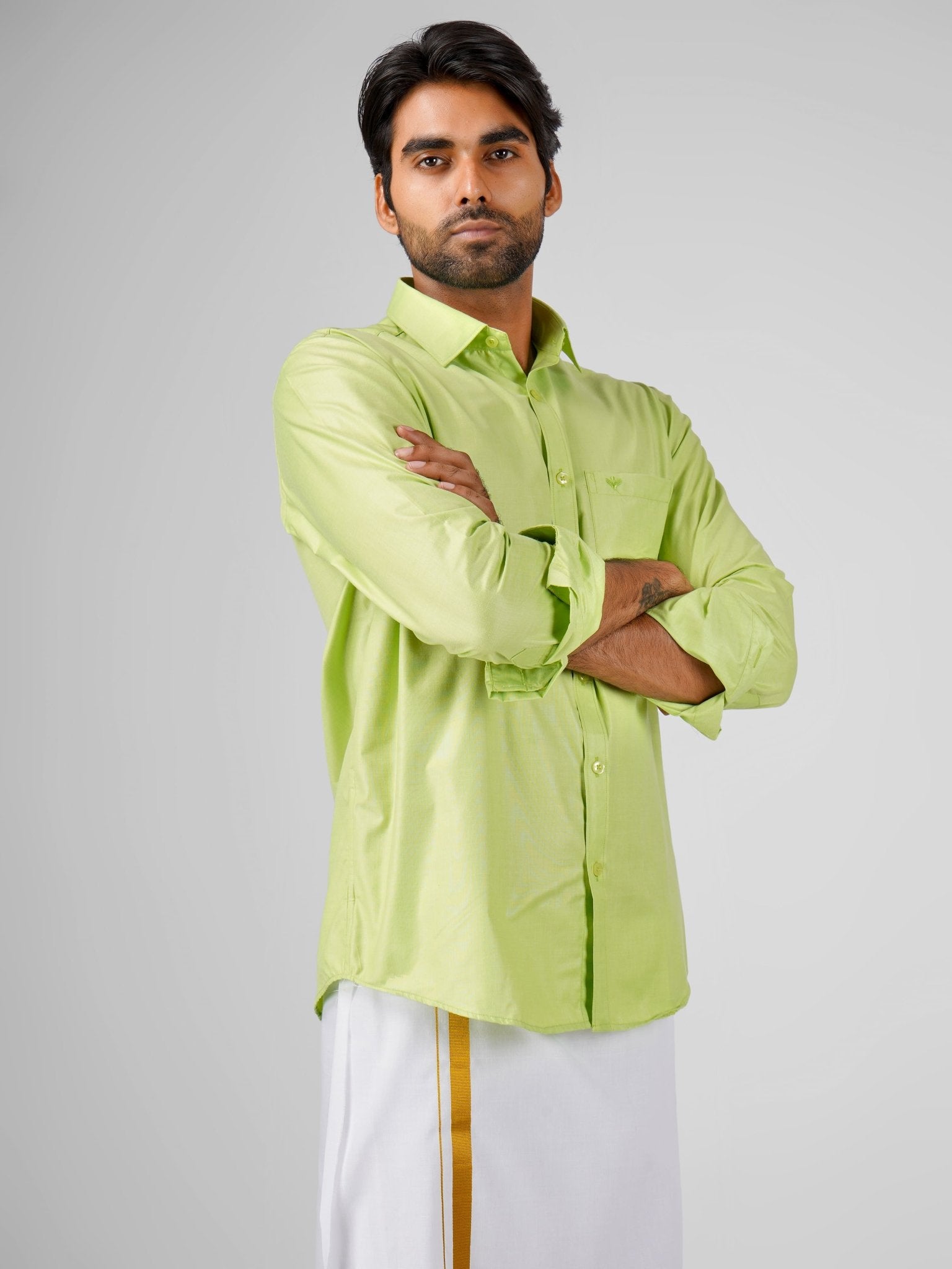 Blended Cotton Light Green Shirt Dhoti Set - Azhaganshirts