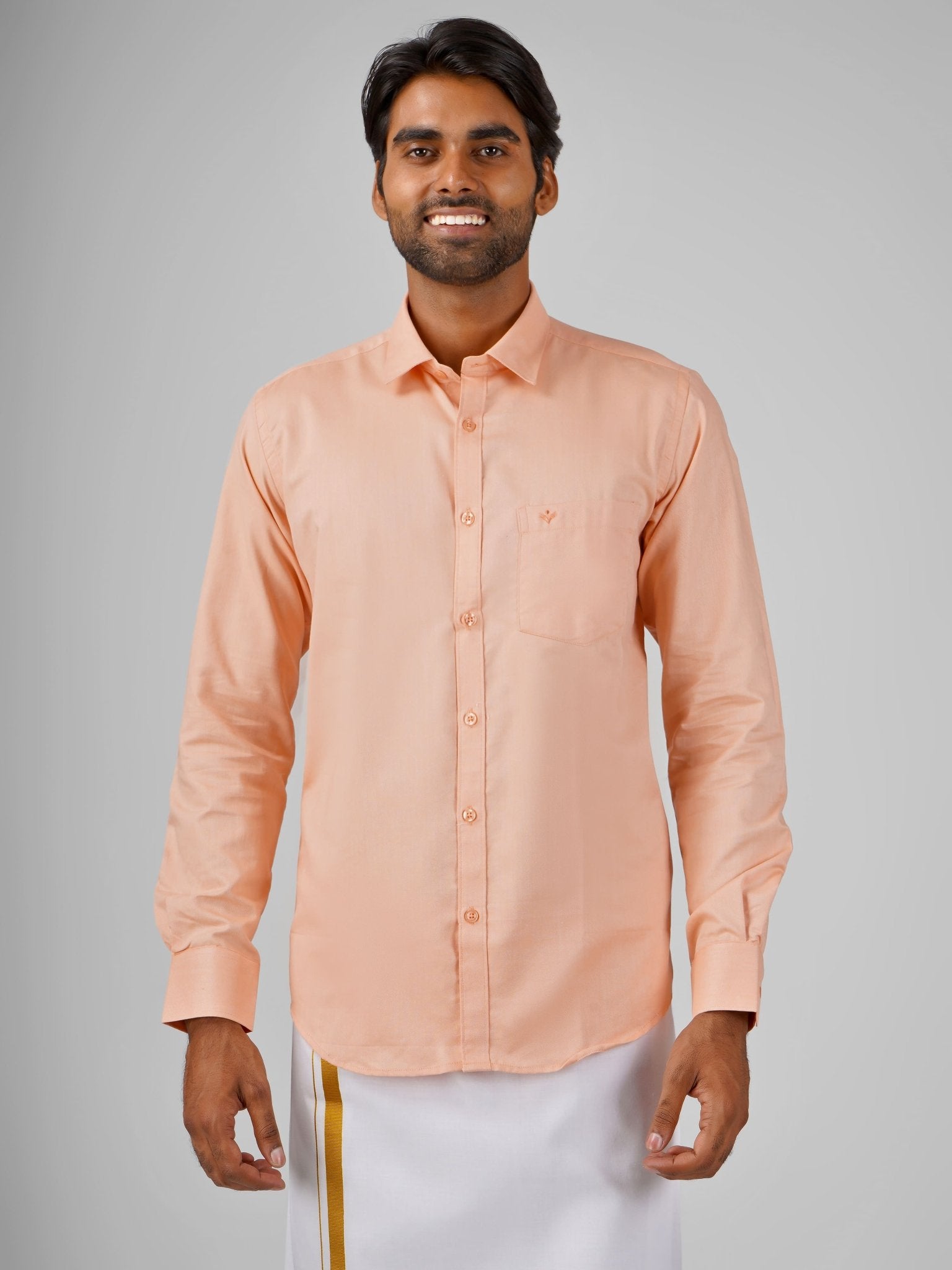 Oxford Cotton Muskmelon Peach Shirt Dhoti Set - Azhaganshirts