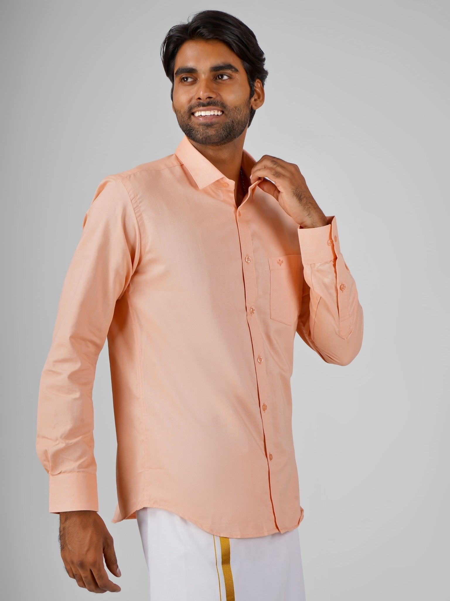 Oxford Cotton Muskmelon Peach Shirt Dhoti Set - Azhaganshirts