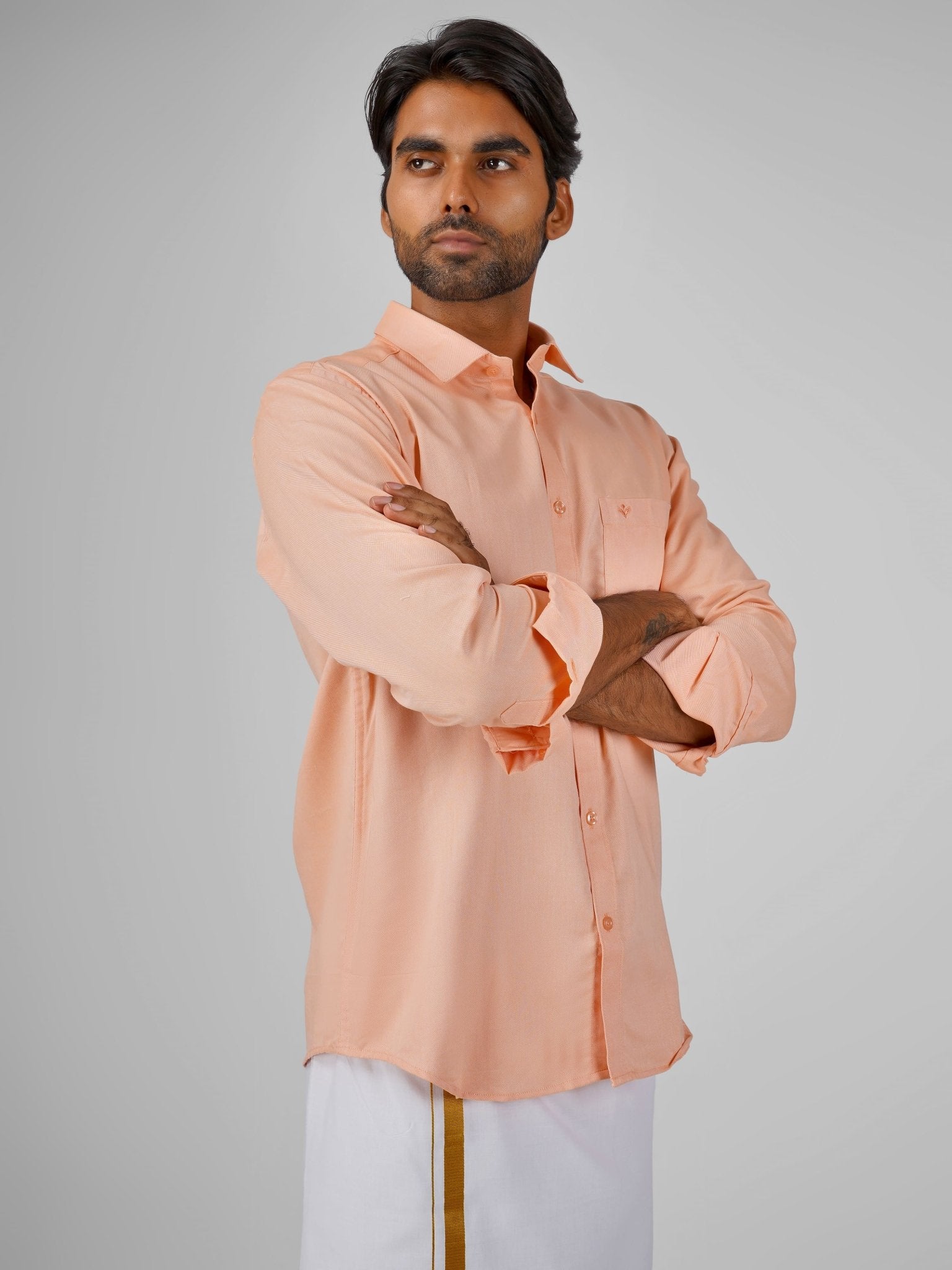 Oxford Cotton Muskmelon Peach Shirt Dhoti Set - Azhaganshirts