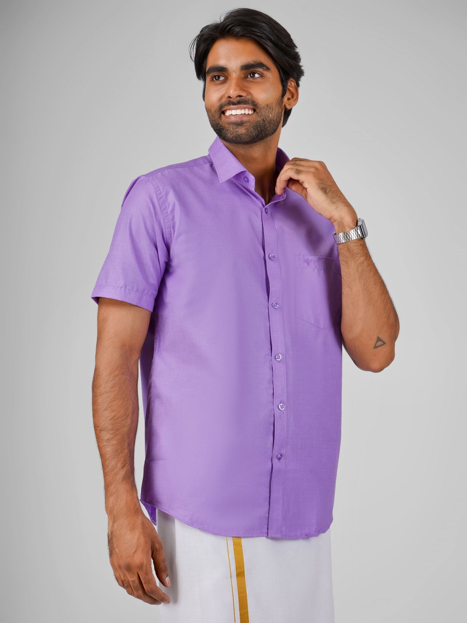Blended Cotton Lavender Shirt Dhoti Set - Azhaganshirts