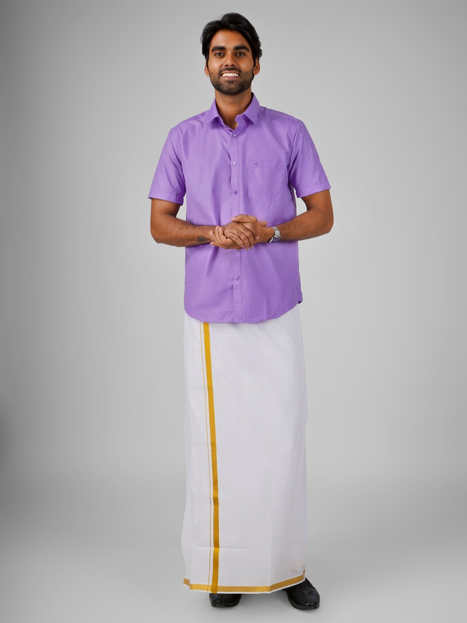 Blended Cotton Lavender Shirt Dhoti Set - Azhaganshirts
