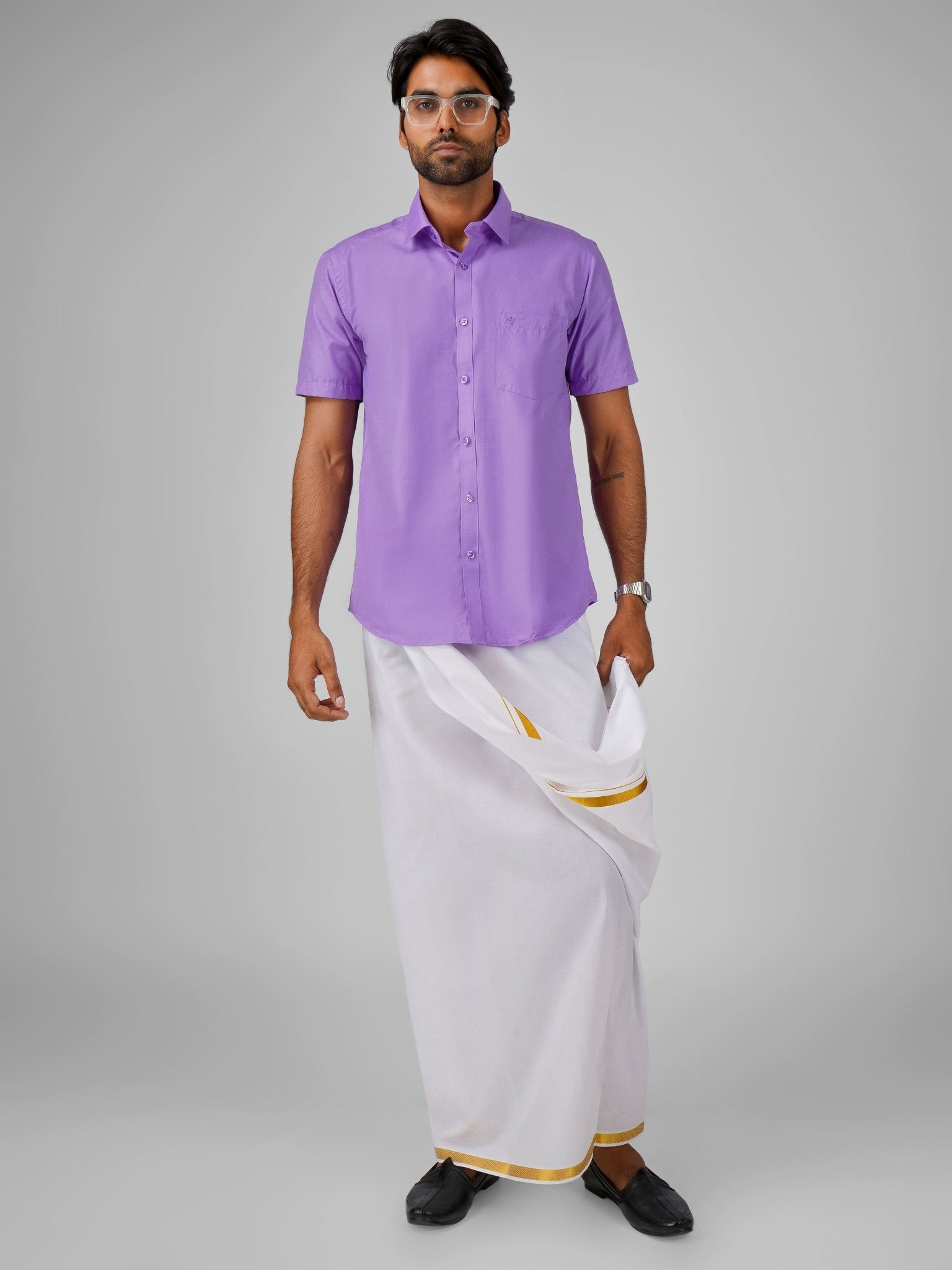 Blended Cotton Lavender Shirt Dhoti Set - Azhaganshirts
