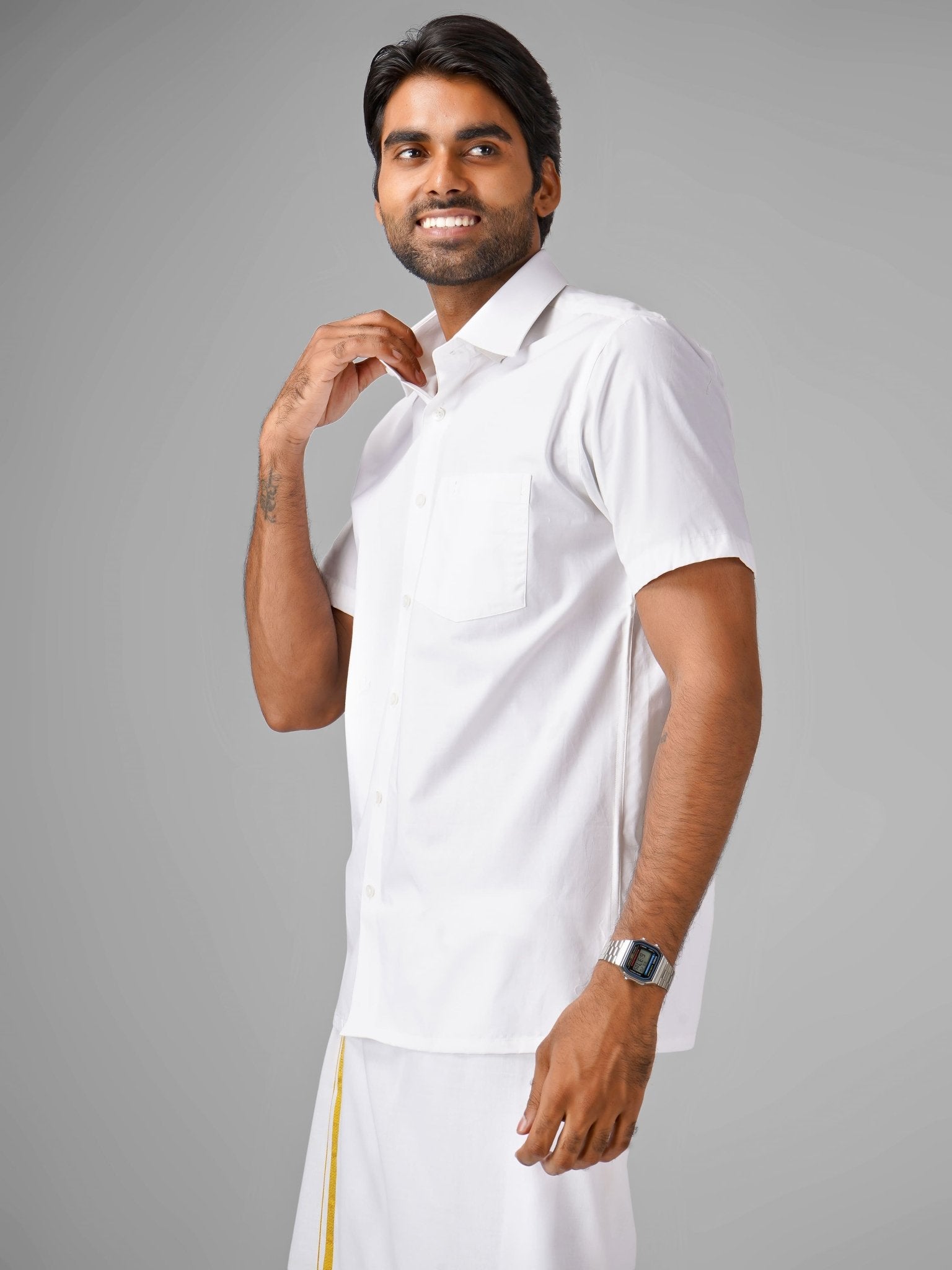 Linen Cotton (White) Shirt Dhoti Set - Azhaganshirts