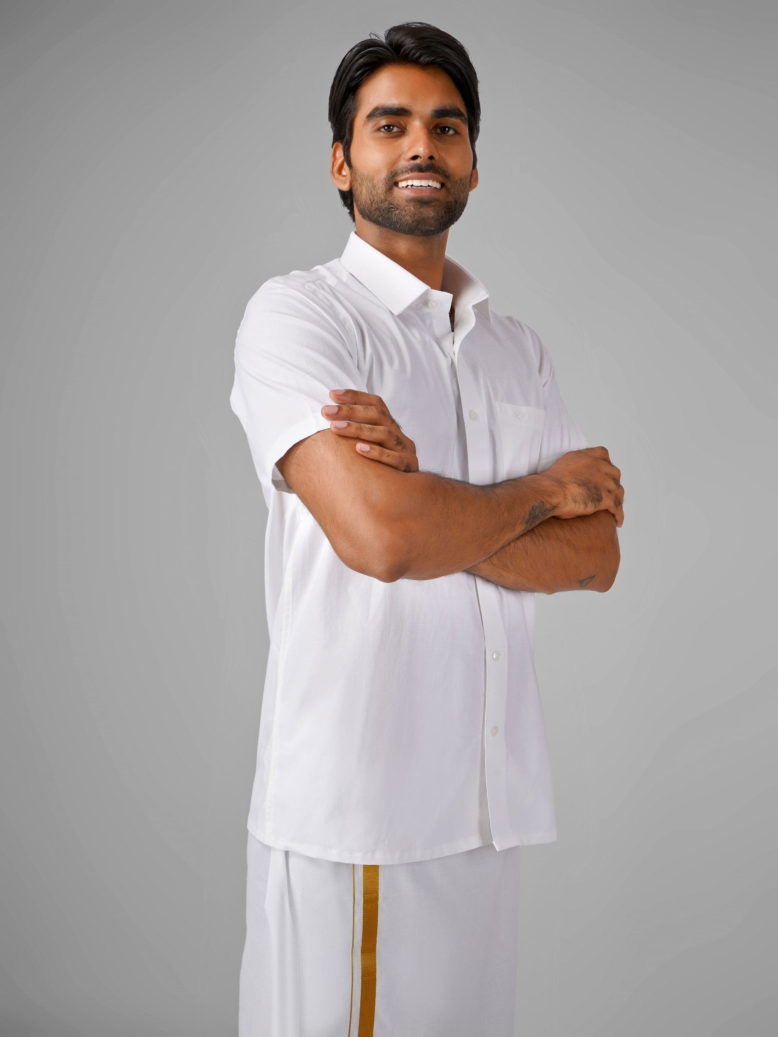 Linen Cotton (White) Shirt Dhoti Set - Azhaganshirts