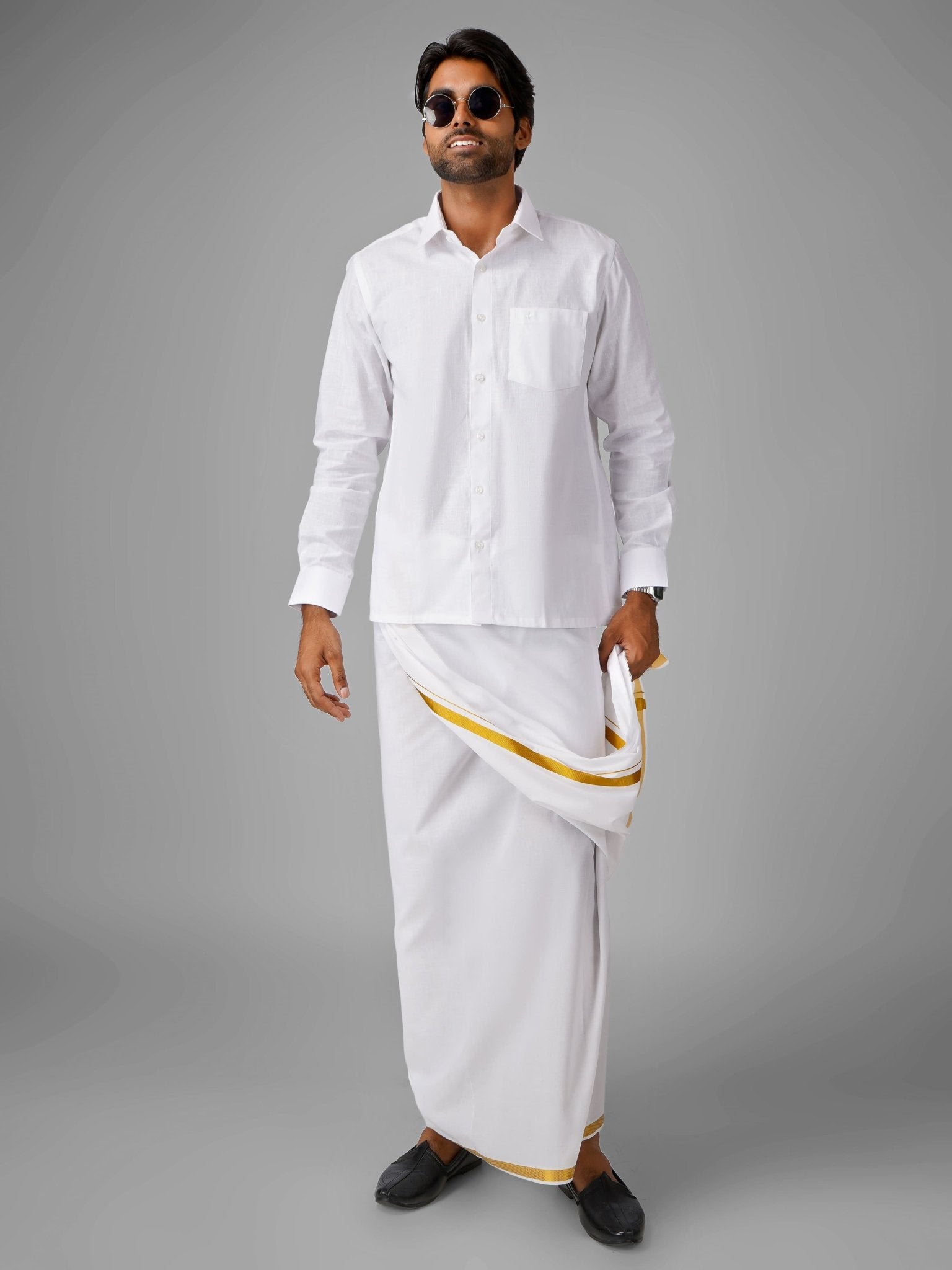 100% Cotton (White) Shirt Dhoti Set - Azhaganshirts