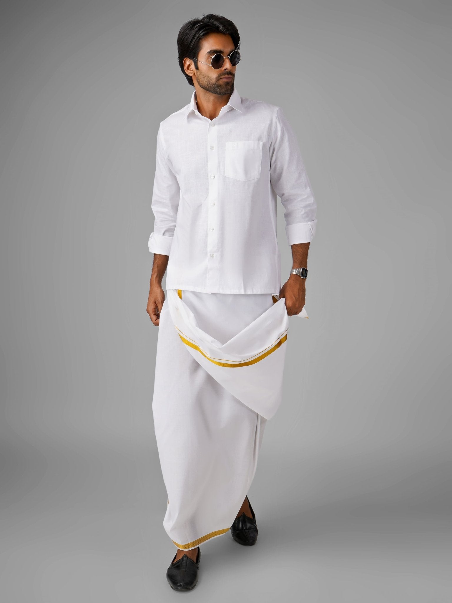 100% Cotton (White) Shirt Dhoti Set - Azhaganshirts