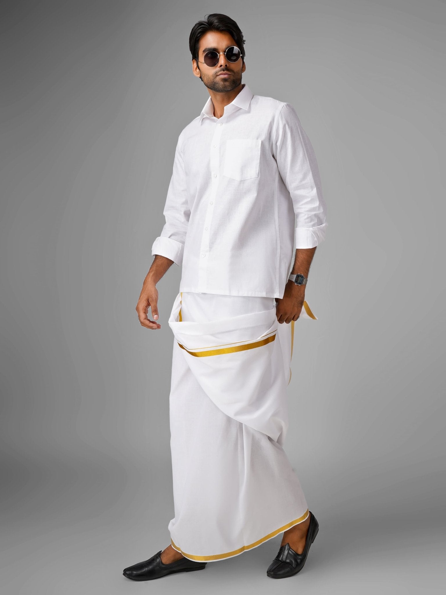 100% Cotton (White) Shirt Dhoti Set - Azhaganshirts